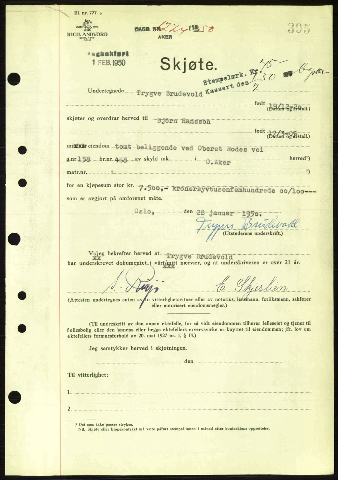 Oslo byskriverembete, AV/SAO-A-10227/G/Gb/Gbd/Gbda/L0017: Pantebok nr. A215, 1949-1950, Dagboknr: 1224/1950