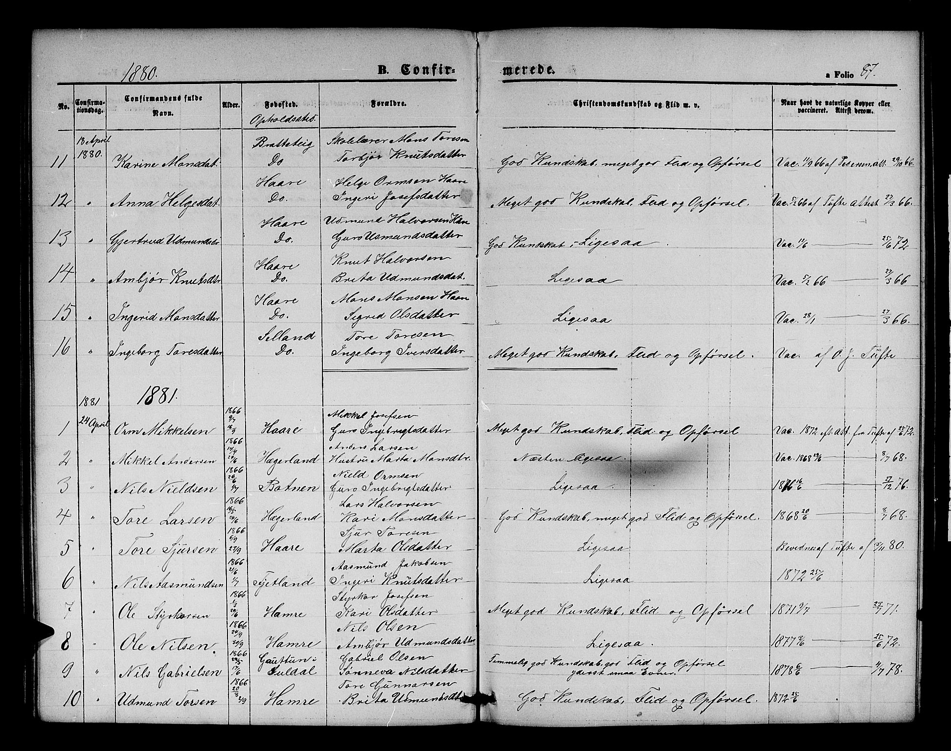 Røldal sokneprestembete, AV/SAB-A-100247: Klokkerbok nr. A 2, 1861-1886, s. 87