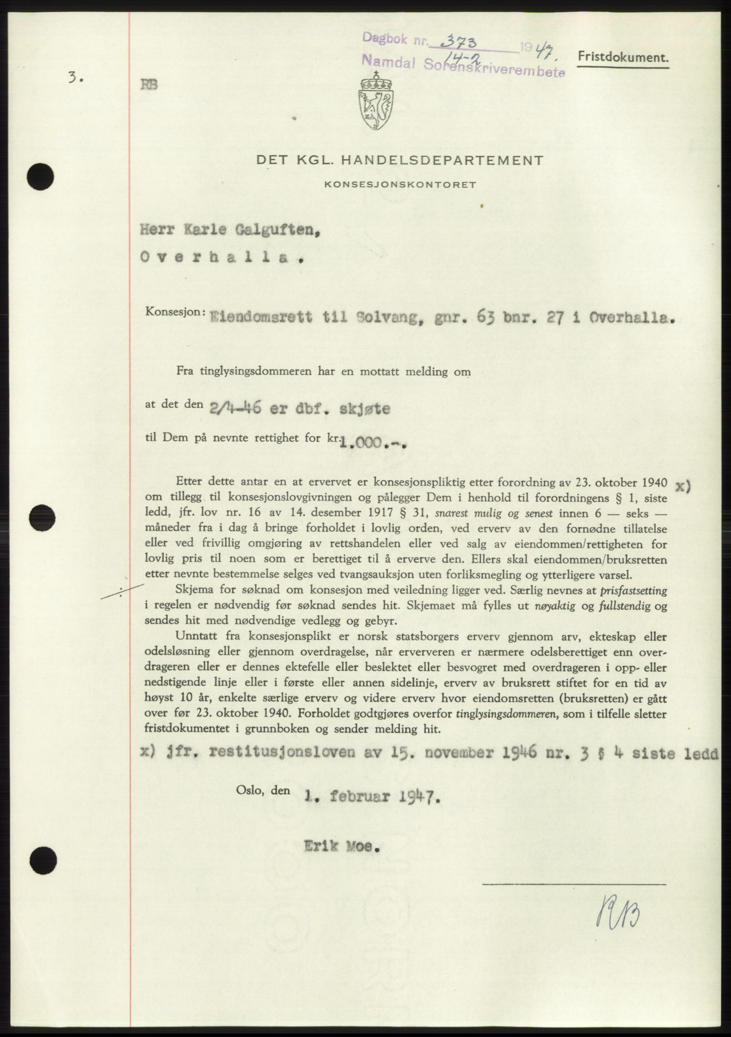 Namdal sorenskriveri, SAT/A-4133/1/2/2C: Pantebok nr. -, 1946-1947, Dagboknr: 373/1947