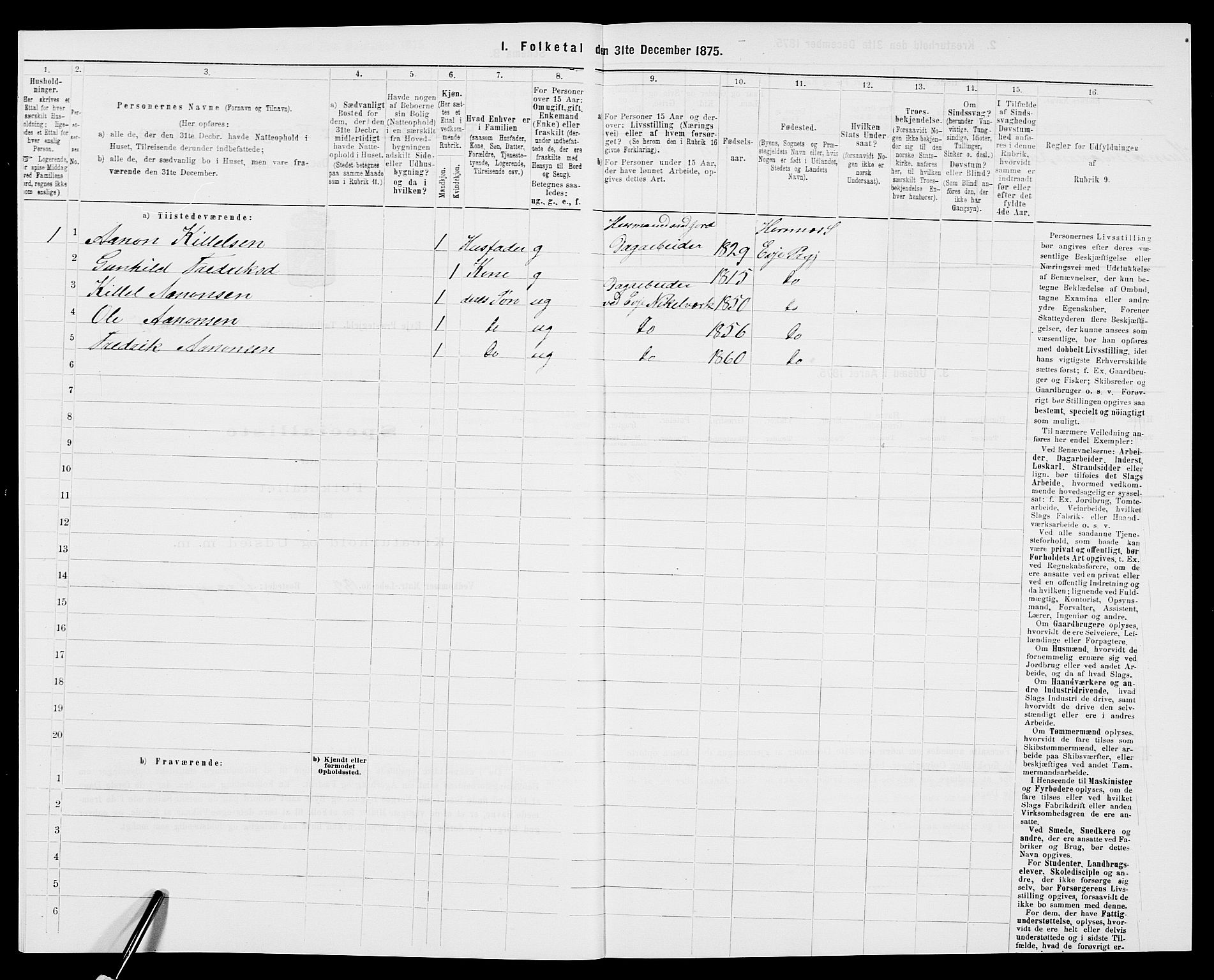 SAK, Folketelling 1875 for 0934P Evje prestegjeld, 1875, s. 407