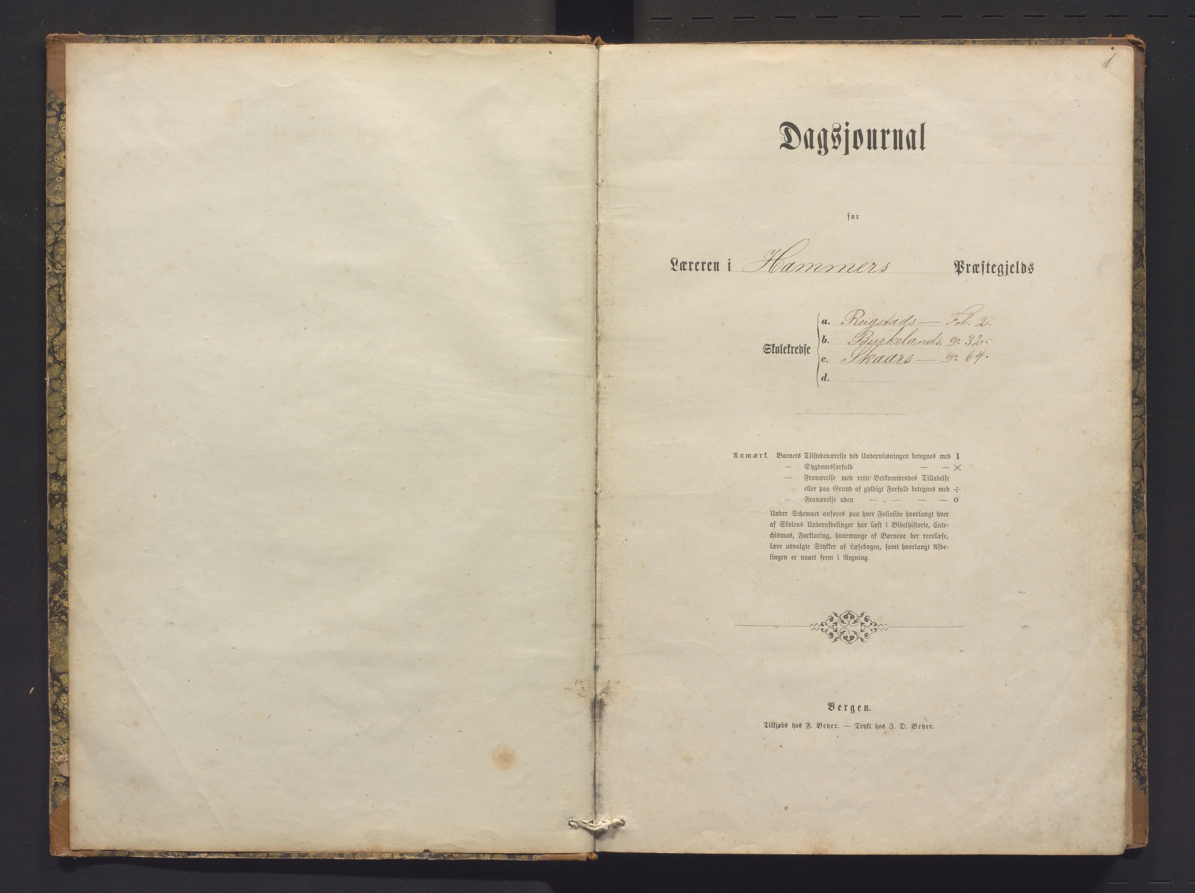 Hamre kommune. Barneskulane, IKAH/1254-231/G/Ga/L0003: Dagsjournal m/karakterar for Reigstad, Birkeland, Skår krinsar, 1869-1878