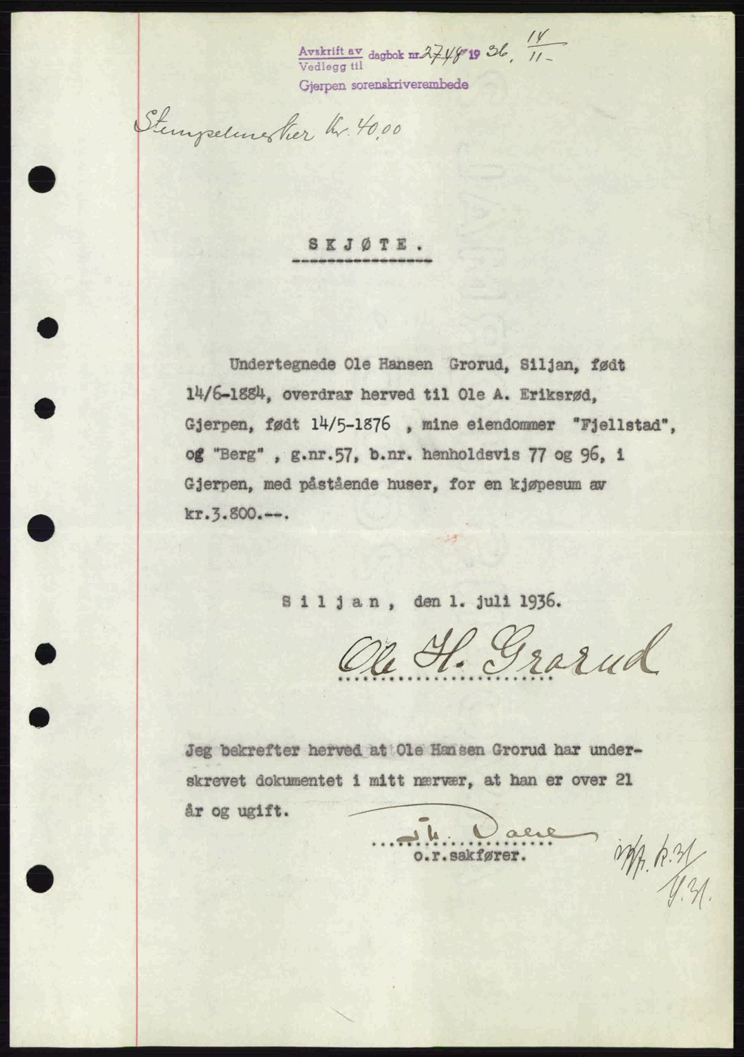 Gjerpen sorenskriveri, SAKO/A-216/G/Ga/Gae/L0067: Pantebok nr. A-66 - A-68, 1936-1937, Dagboknr: 2748/1936