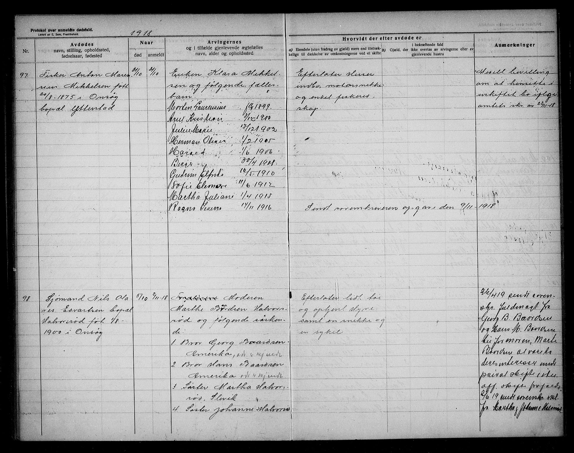 Onsøy lensmannskontor, AV/SAO-A-10007/H/Ha/L0003: Dødsfallsprotokoll, 1911-1919