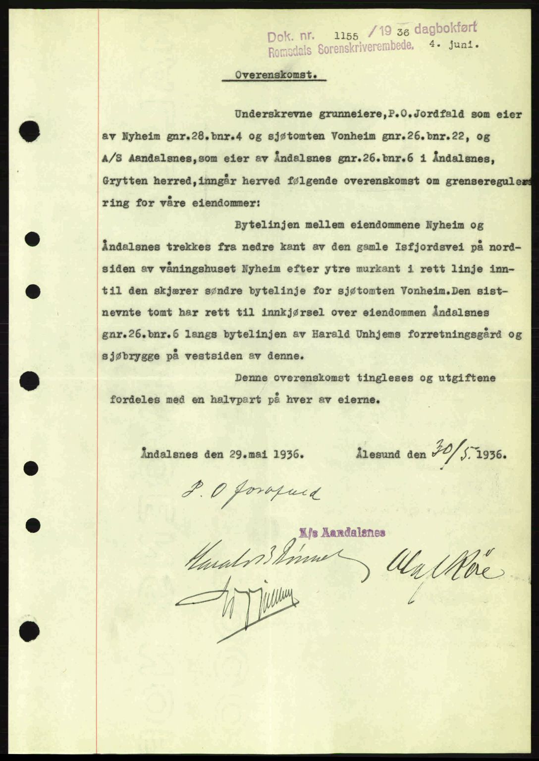 Romsdal sorenskriveri, SAT/A-4149/1/2/2C: Pantebok nr. A1, 1936-1936, Dagboknr: 1155/1936