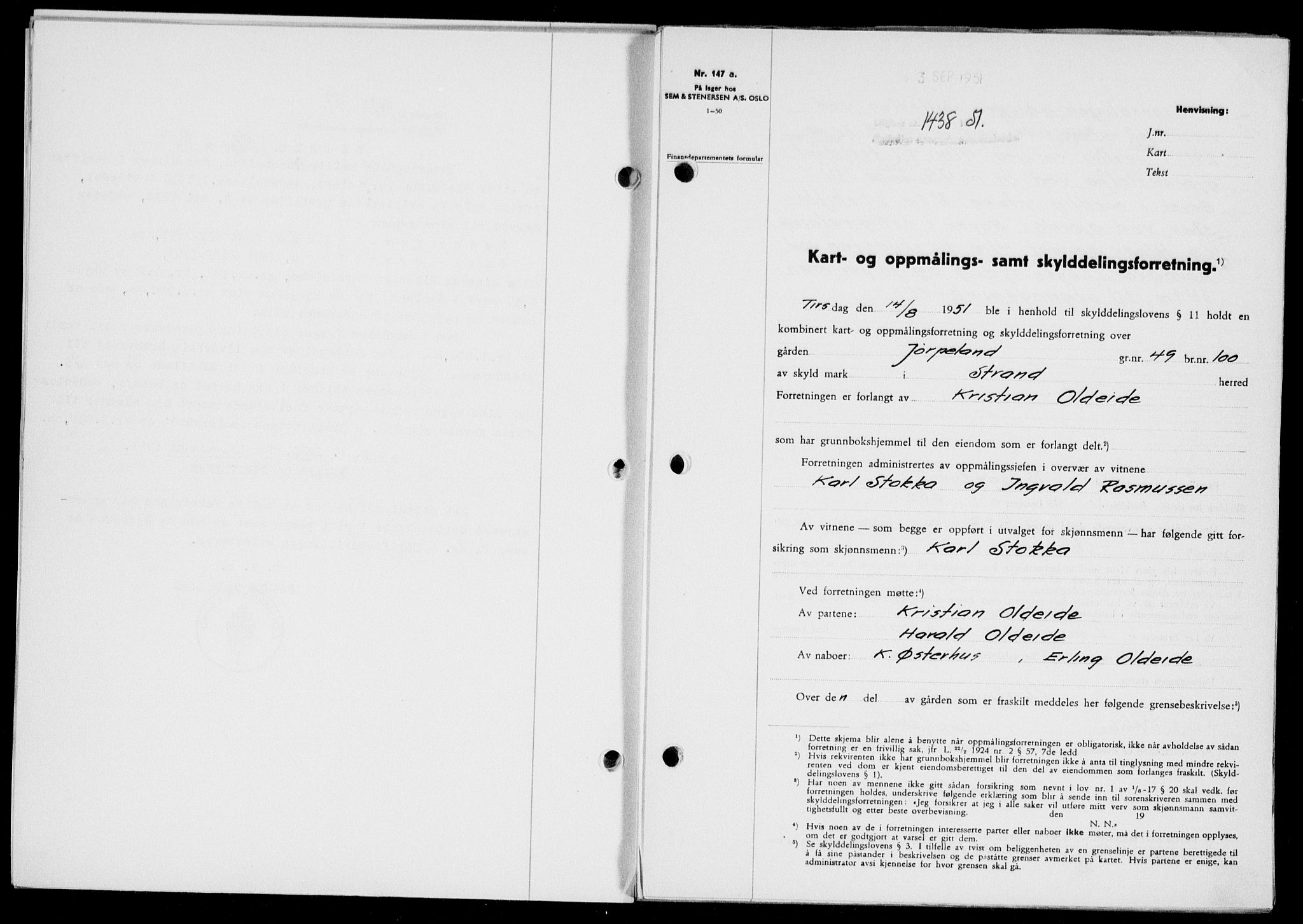 Ryfylke tingrett, SAST/A-100055/001/II/IIB/L0114: Pantebok nr. 93, 1951-1951, Dagboknr: 1438/1951