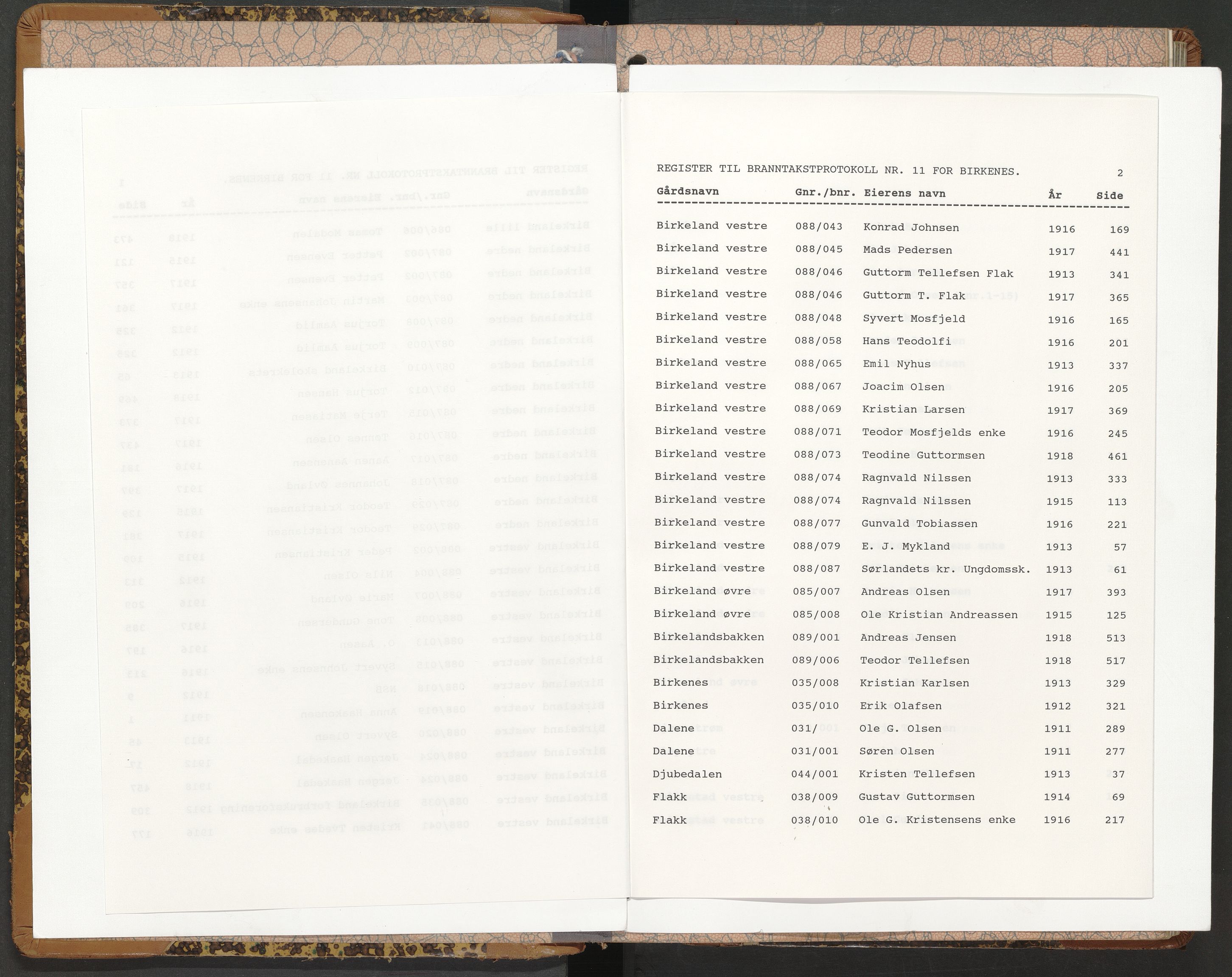 Norges Brannkasse Birkenes, AV/SAK-2241-0005/F/Fa/L0011: Branntakstprotokoll nr. 11 med gårdsnavnregister, 1911-1918