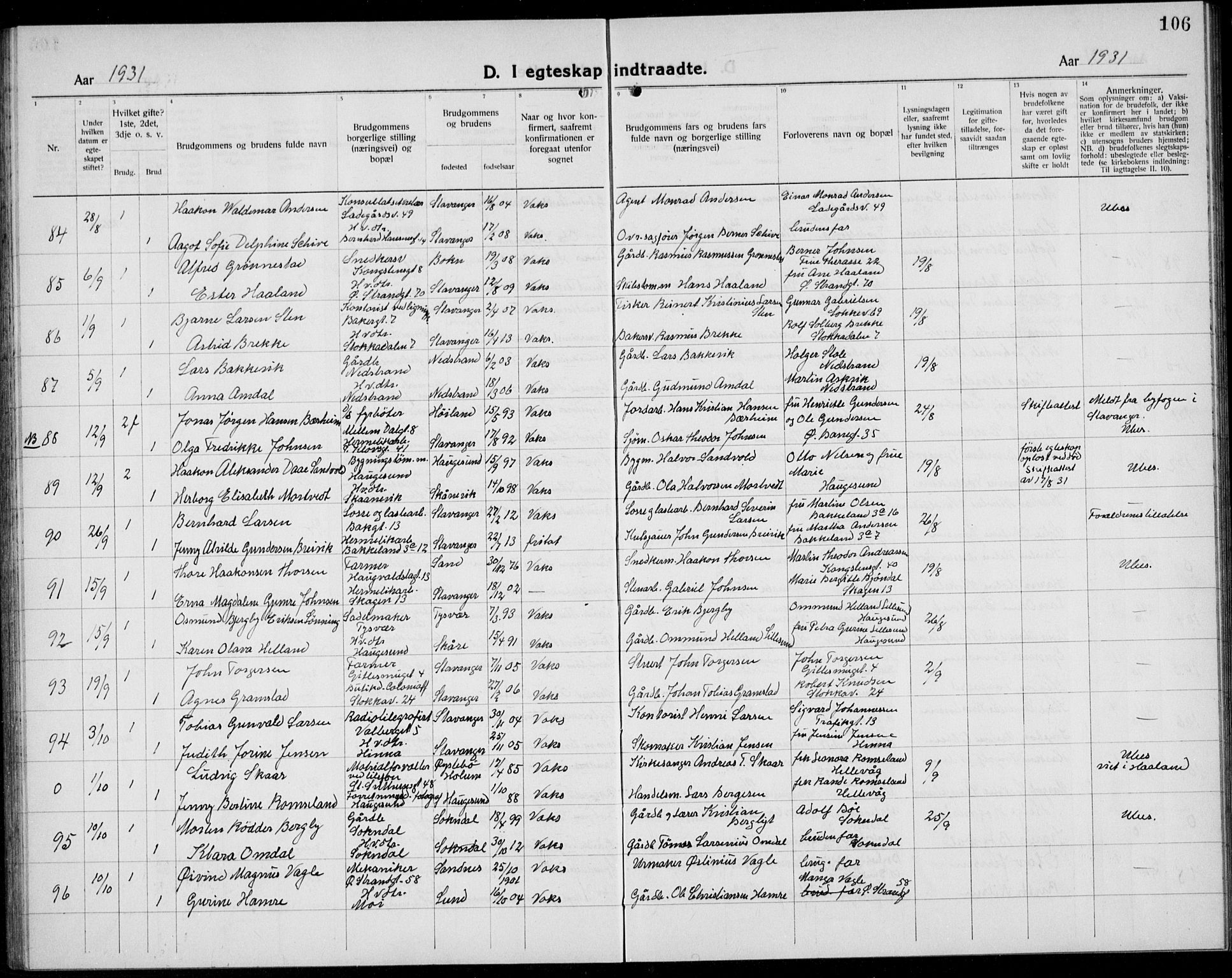 Domkirken sokneprestkontor, AV/SAST-A-101812/001/30/30BB/L0020: Klokkerbok nr. B 20, 1921-1937, s. 106