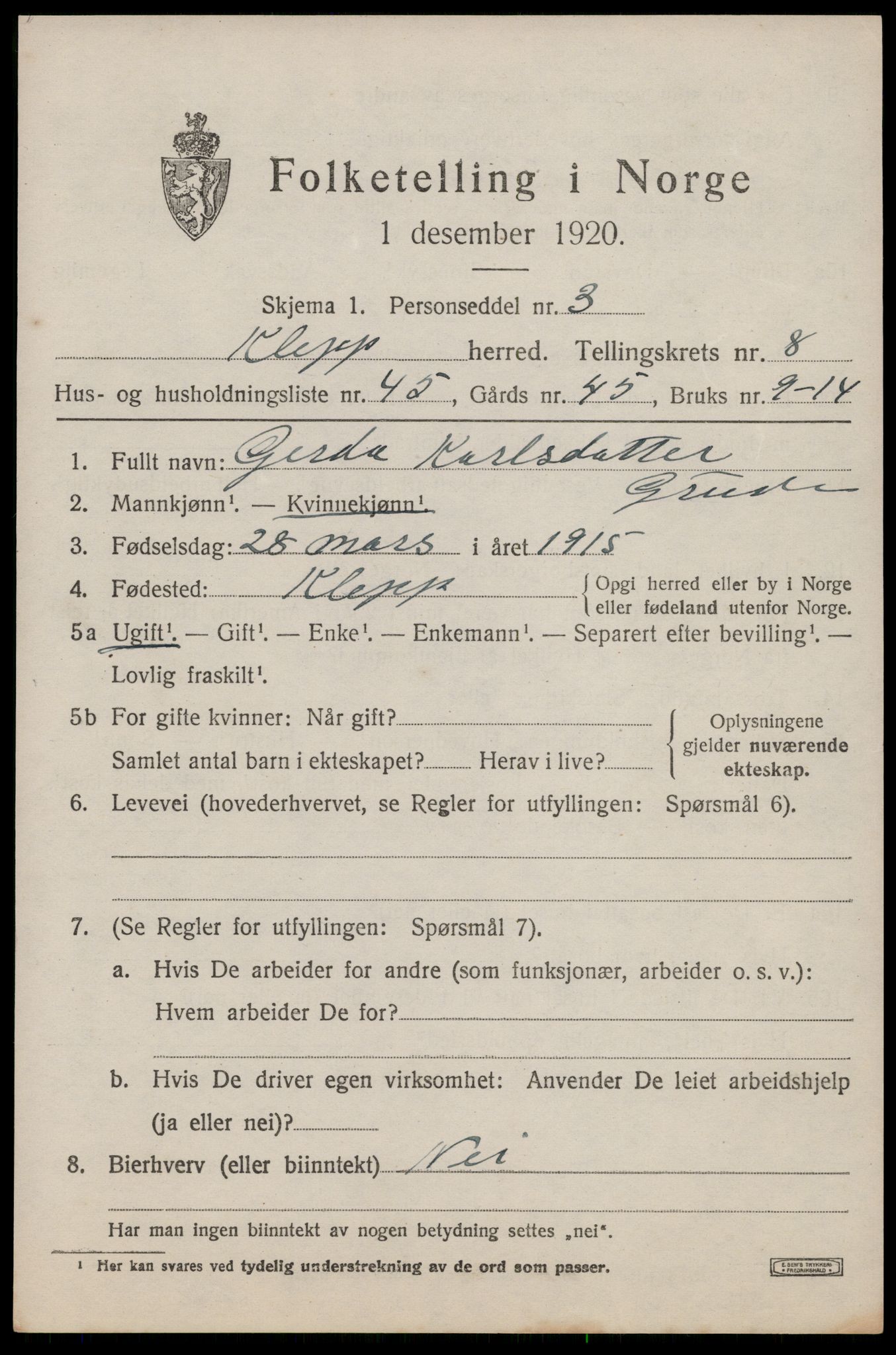 SAST, Folketelling 1920 for 1120 Klepp herred, 1920, s. 7548