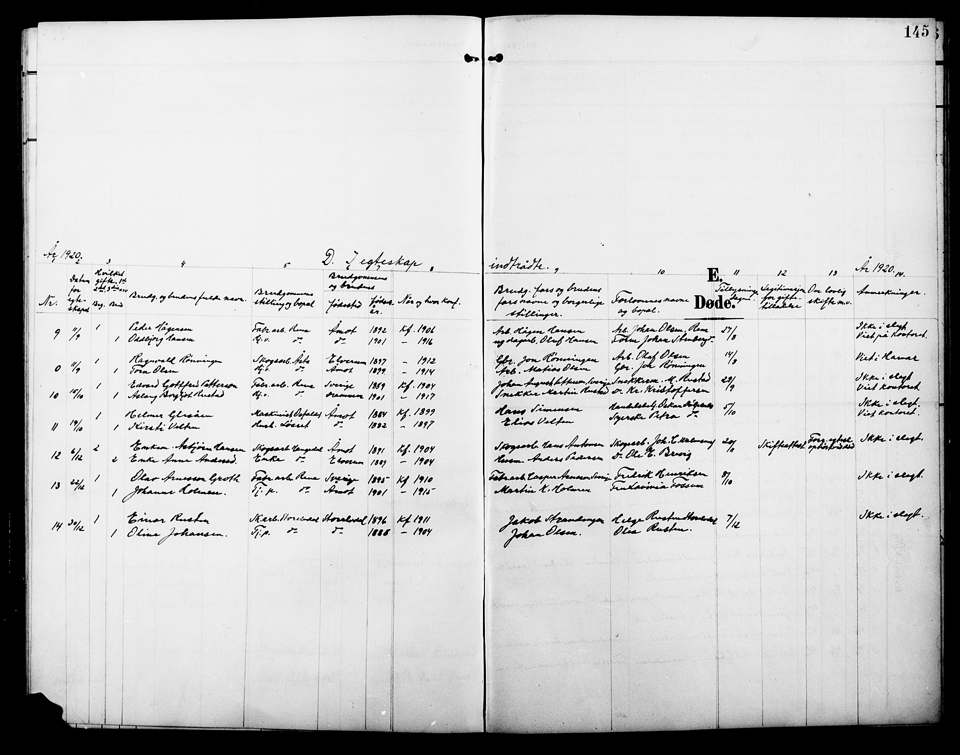 Åmot prestekontor, Hedmark, AV/SAH-PREST-056/H/Ha/Hab/L0004: Klokkerbok nr. 4, 1905-1920, s. 145