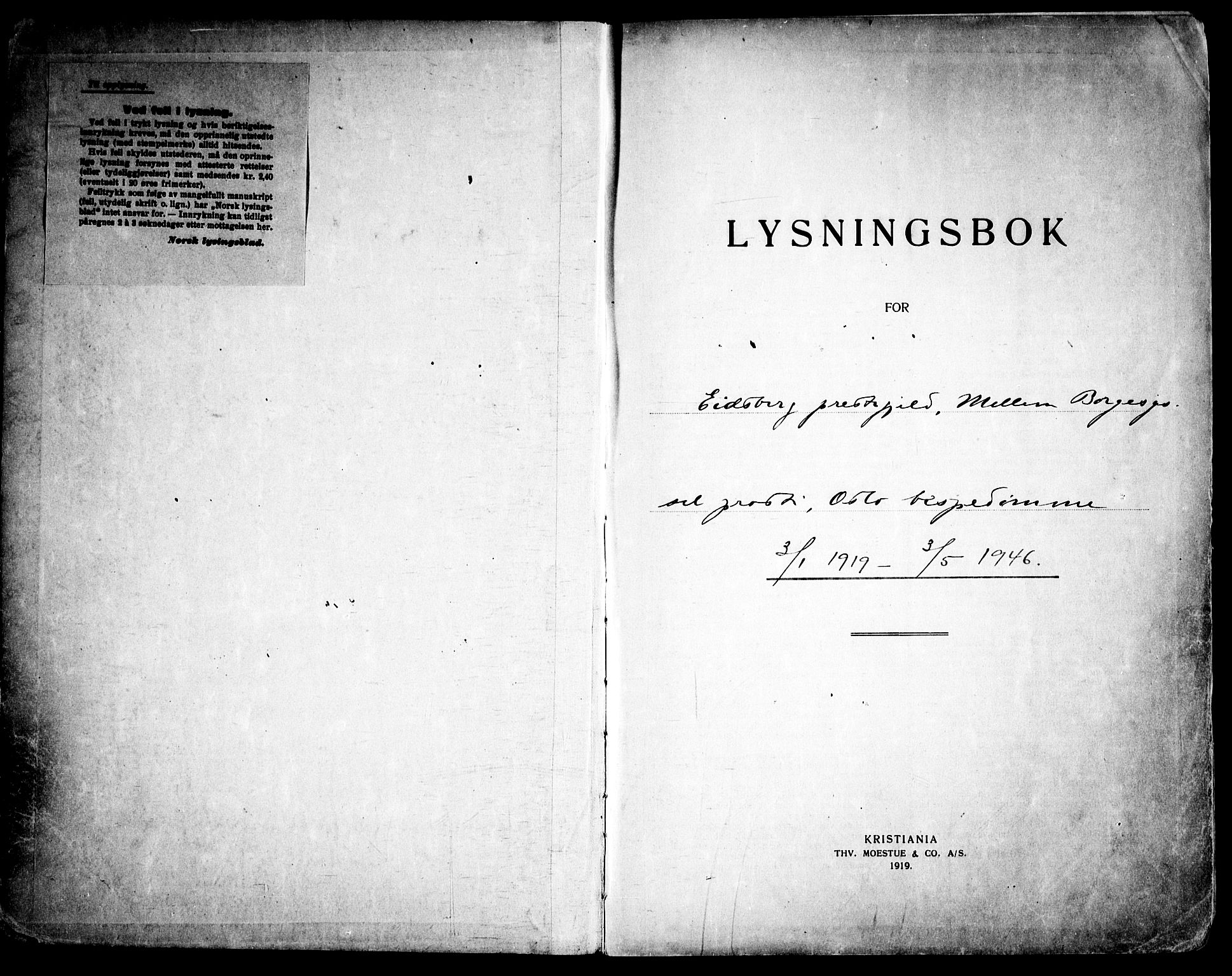 Eidsberg prestekontor Kirkebøker, SAO/A-10905/H/Ha/L0001: Lysningsprotokoll nr. I 1, 1919-1946