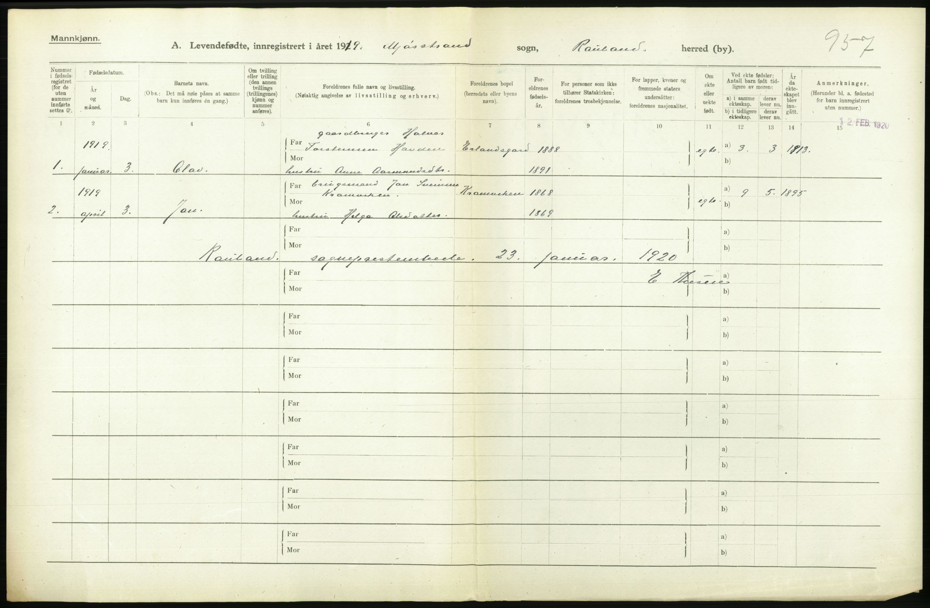 Statistisk sentralbyrå, Sosiodemografiske emner, Befolkning, AV/RA-S-2228/D/Df/Dfb/Dfbi/L0021: Telemark fylke: Levendefødte menn og kvinner. Bygder., 1919, s. 240