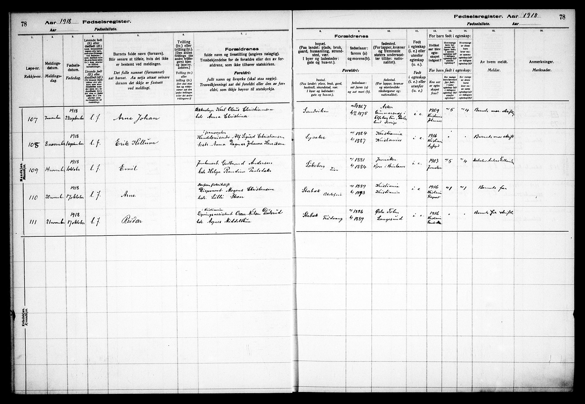 Østre Bærum prestekontor Kirkebøker, AV/SAO-A-10887/J/Ja/L0001: Fødselsregister nr. 1, 1916-1922, s. 78