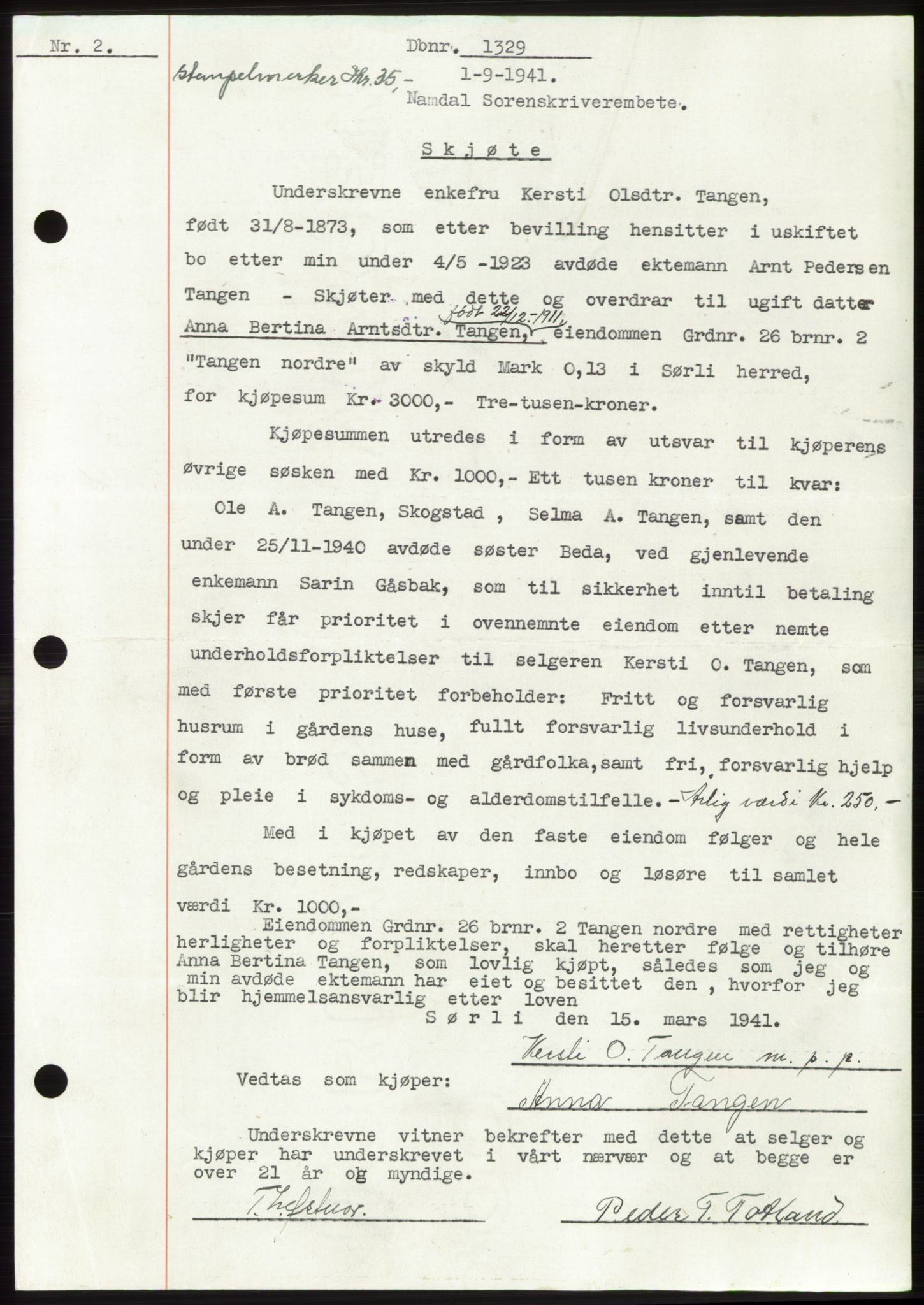 Namdal sorenskriveri, SAT/A-4133/1/2/2C: Pantebok nr. -, 1941-1942, Dagboknr: 1329/1941
