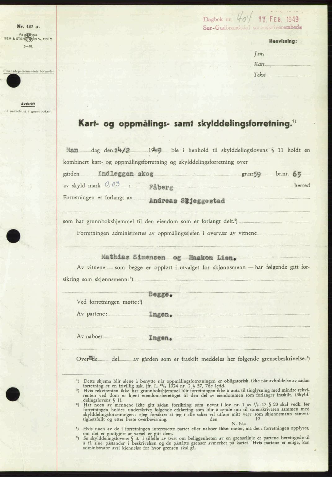 Sør-Gudbrandsdal tingrett, SAH/TING-004/H/Hb/Hbd/L0024: Pantebok nr. A24, 1948-1949, Dagboknr: 404/1949