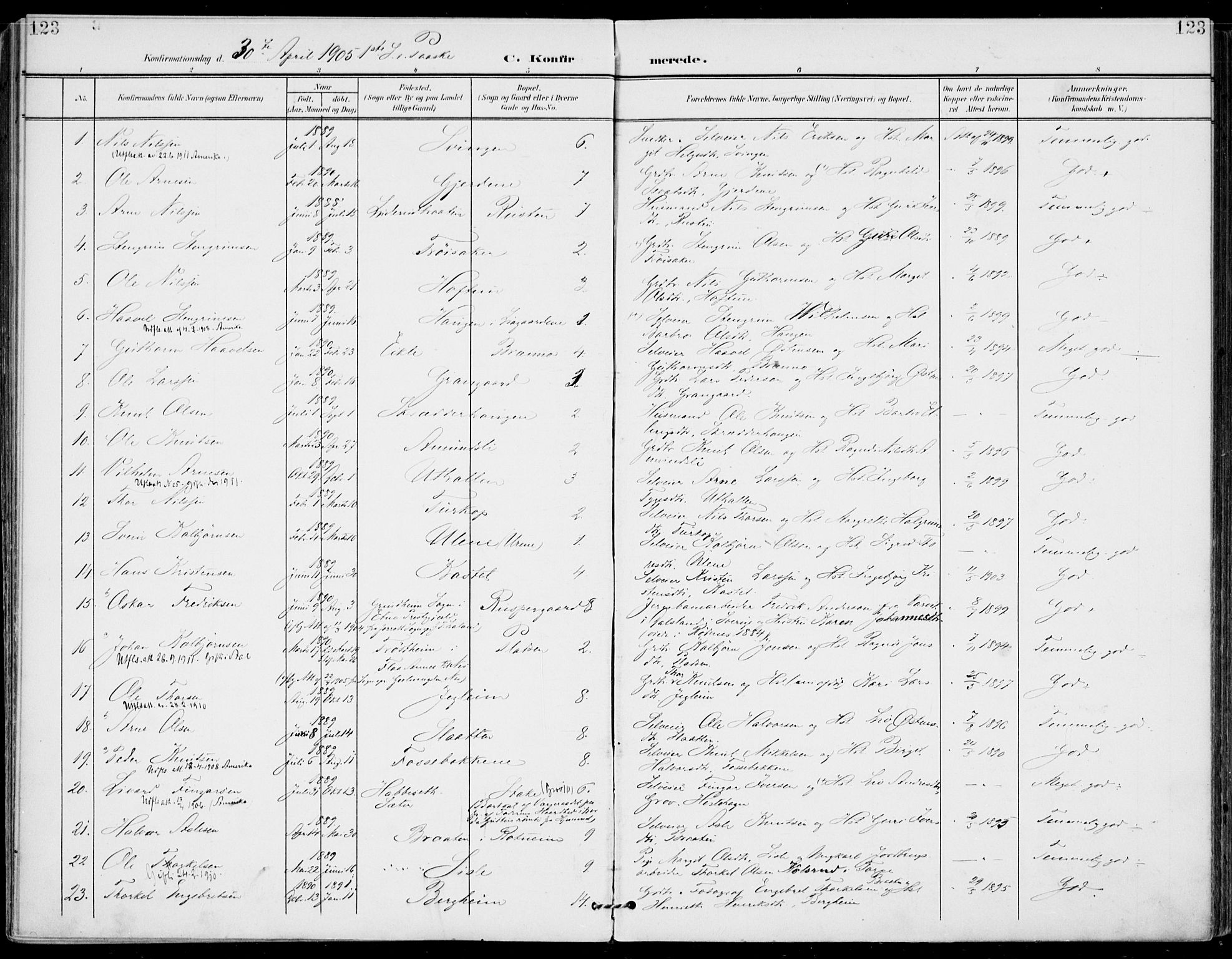 Gol kirkebøker, AV/SAKO-A-226/F/Fa/L0006: Ministerialbok nr. I 6, 1901-1918, s. 123
