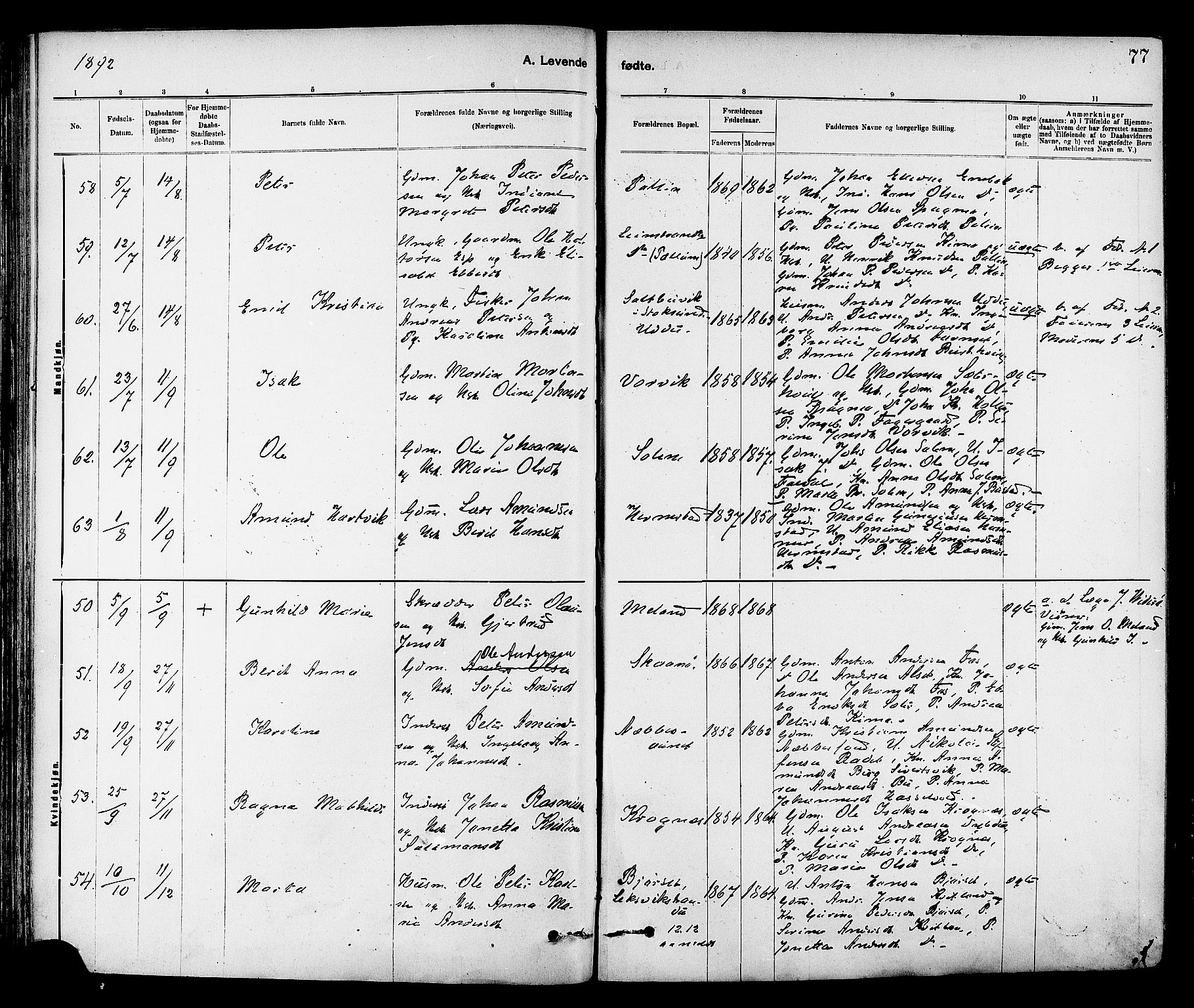 Ministerialprotokoller, klokkerbøker og fødselsregistre - Sør-Trøndelag, AV/SAT-A-1456/647/L0634: Ministerialbok nr. 647A01, 1885-1896, s. 77