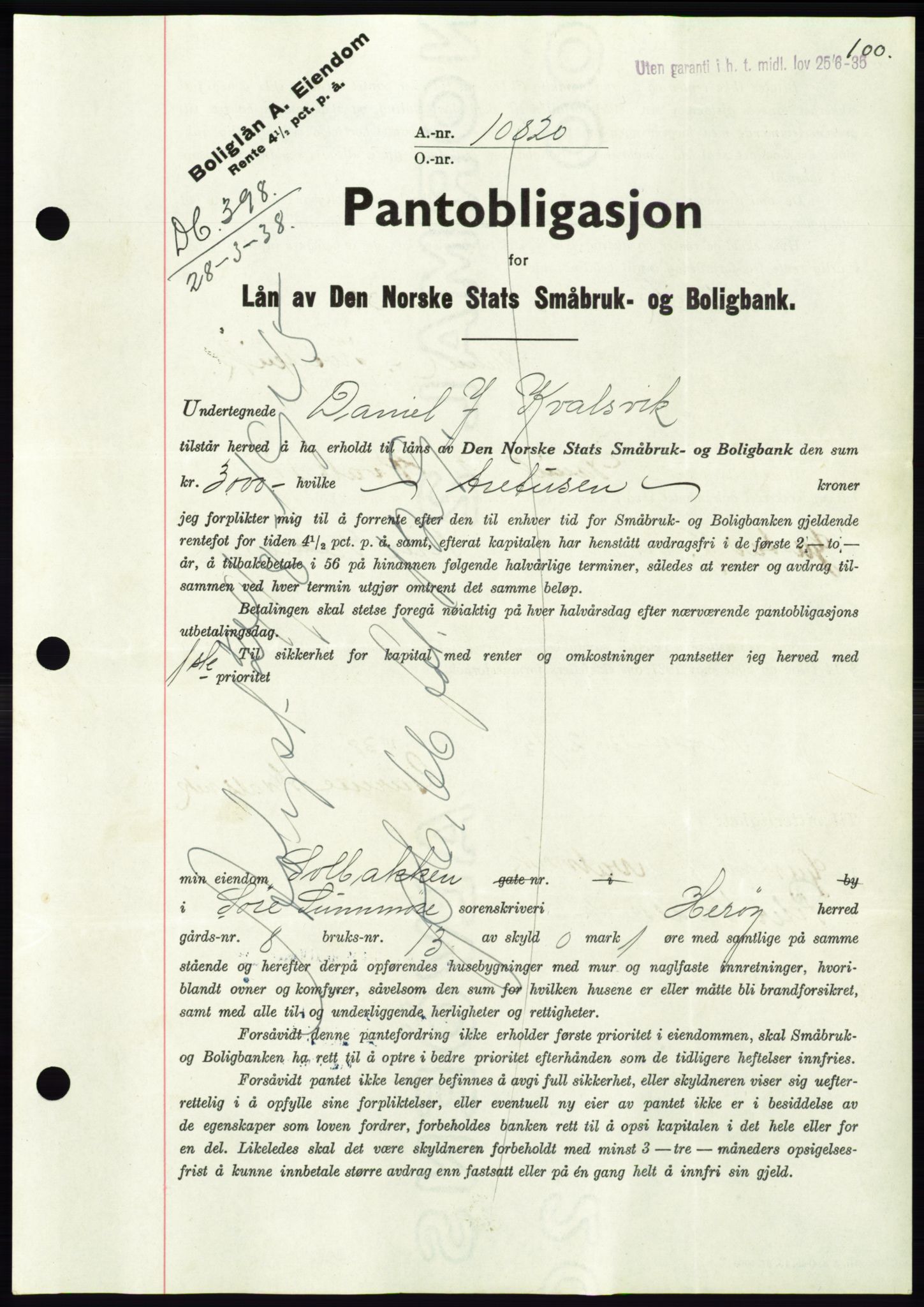 Søre Sunnmøre sorenskriveri, AV/SAT-A-4122/1/2/2C/L0065: Pantebok nr. 59, 1938-1938, Dagboknr: 398/1938