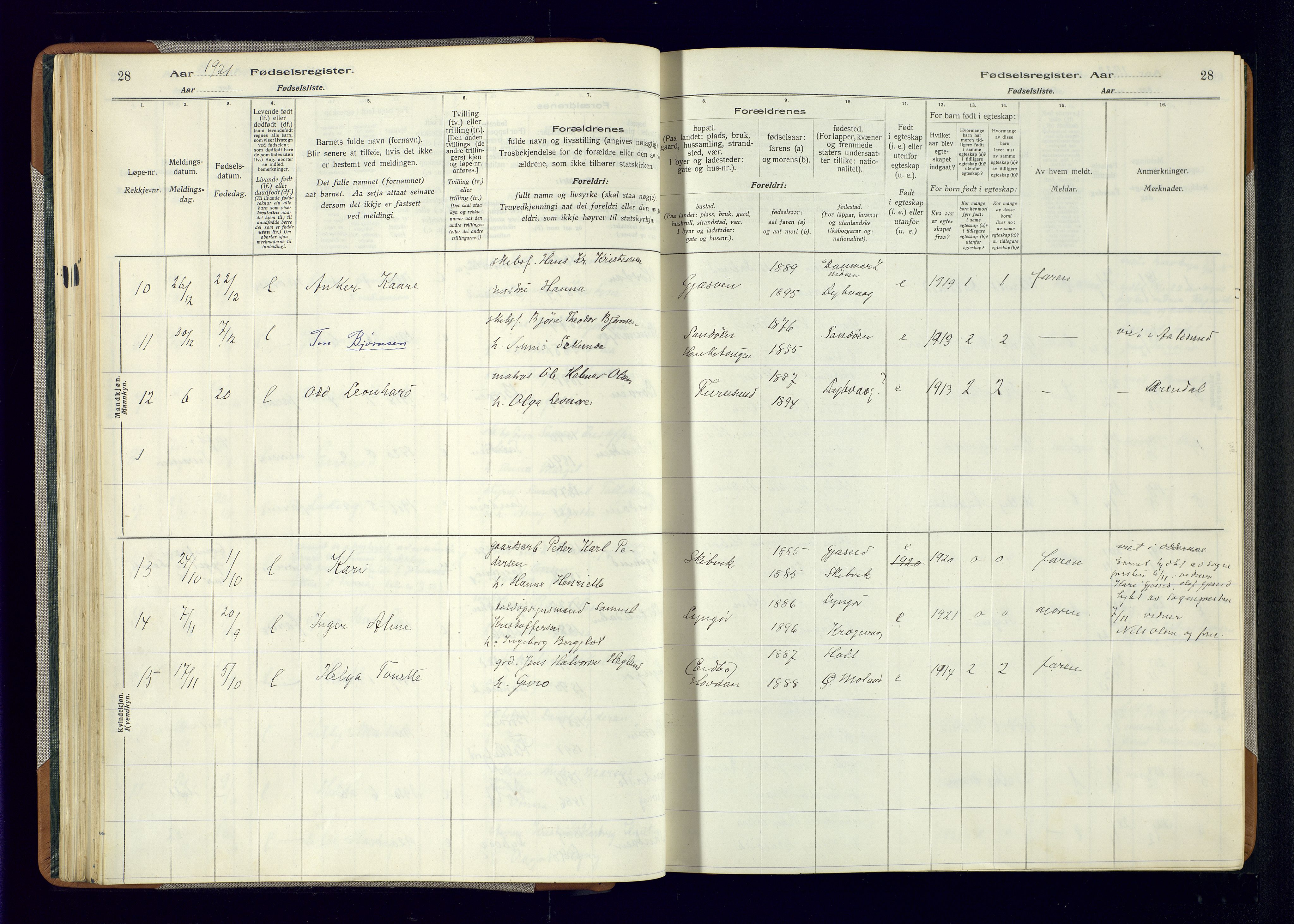 Dypvåg sokneprestkontor, AV/SAK-1111-0007/J/Ja/L0001: Fødselsregister nr. II.4.3, 1916-1975, s. 28