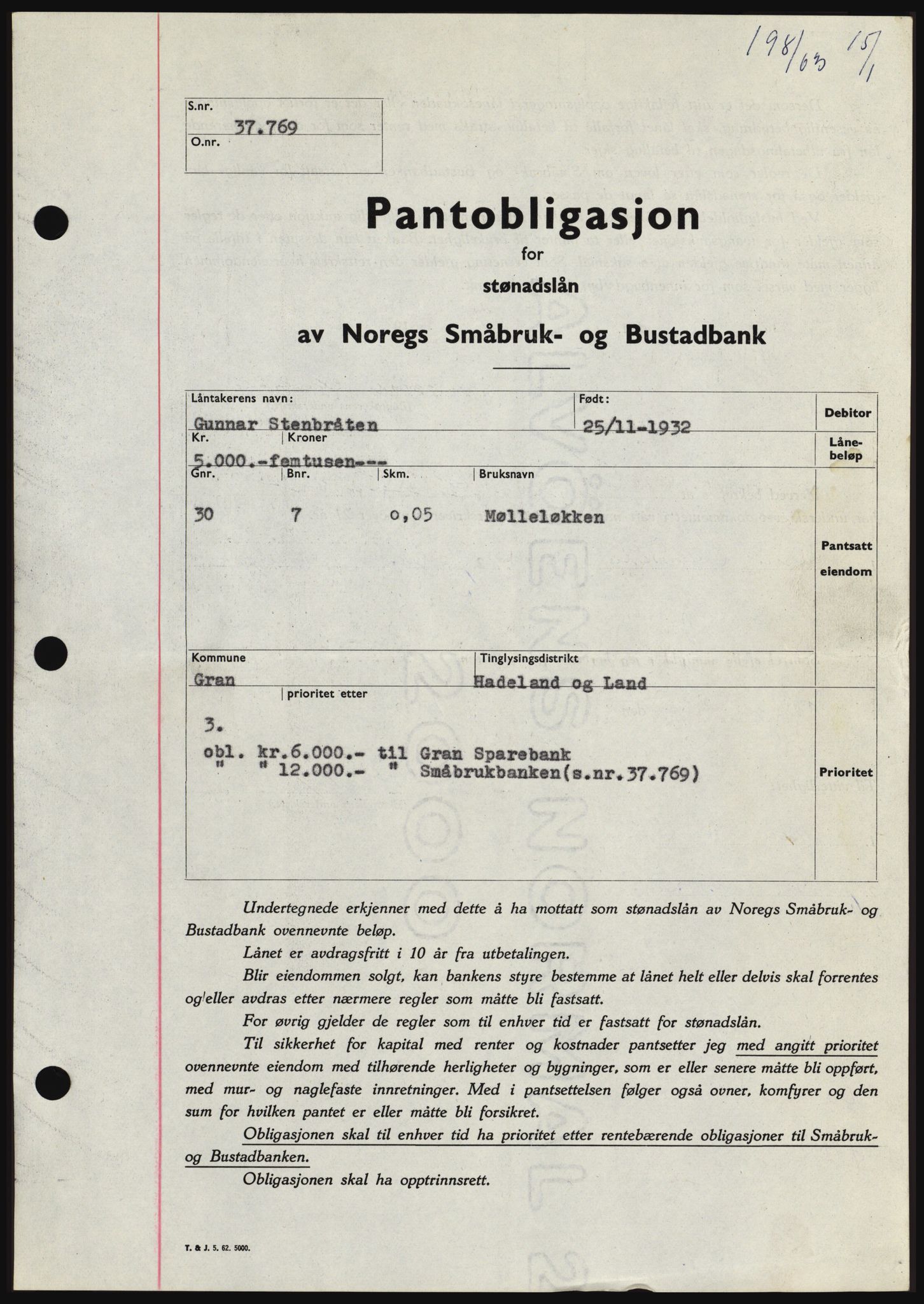 Hadeland og Land tingrett, SAH/TING-010/H/Hb/Hbc/L0050: Pantebok nr. B50, 1962-1963, Dagboknr: 198/1963