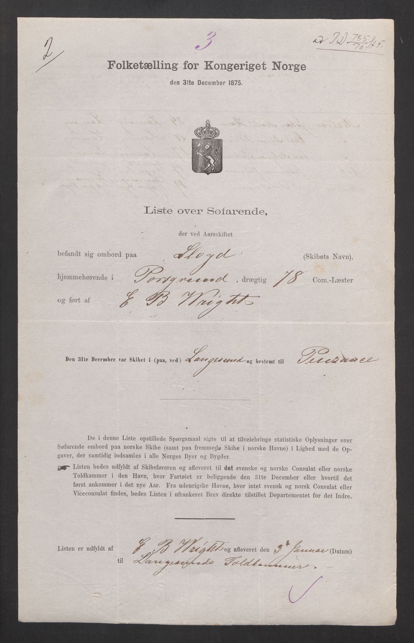 RA, Folketelling 1875, skipslister: Skip i innenrikske havner, hjemmehørende i byer og ladesteder, 1875, s. 289