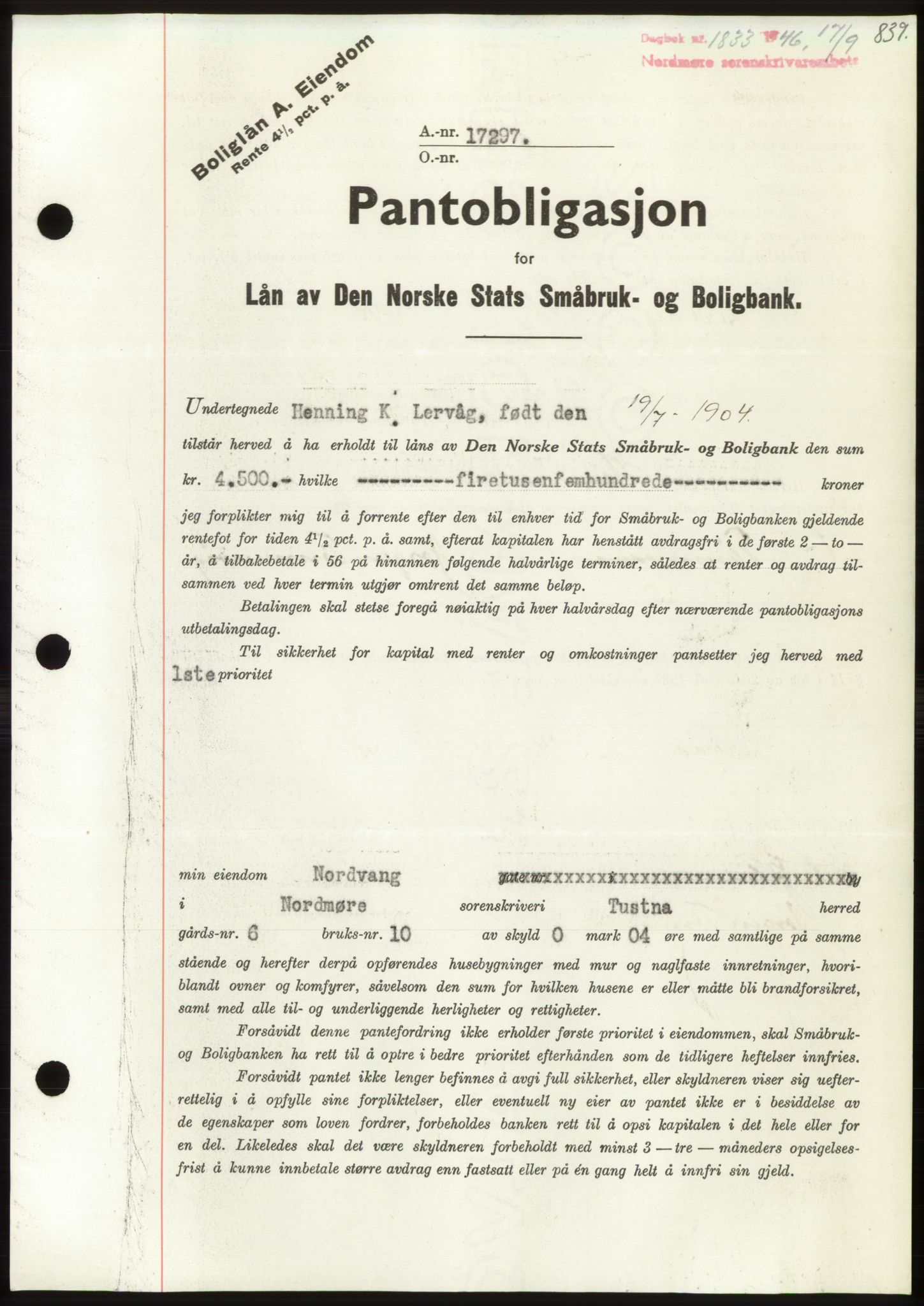 Nordmøre sorenskriveri, SAT/A-4132/1/2/2Ca: Pantebok nr. B94, 1946-1946, Dagboknr: 1833/1946