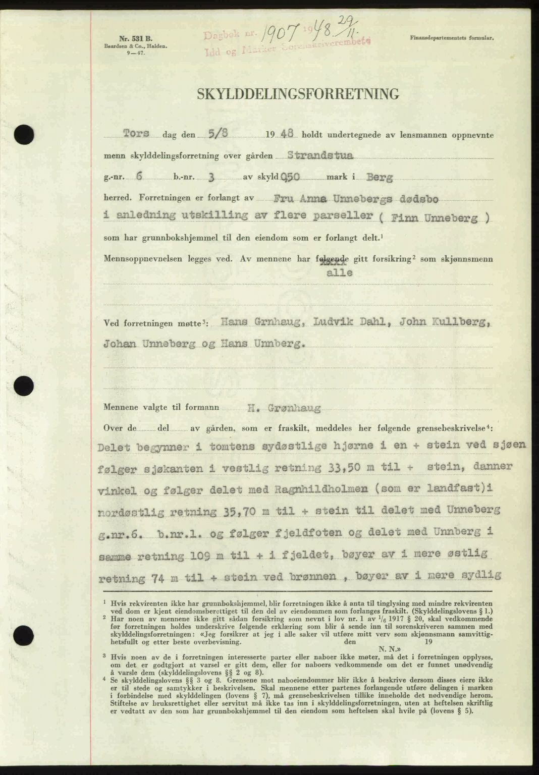 Idd og Marker sorenskriveri, SAO/A-10283/G/Gb/Gbb/L0011: Pantebok nr. A11, 1948-1949, Dagboknr: 1907/1948