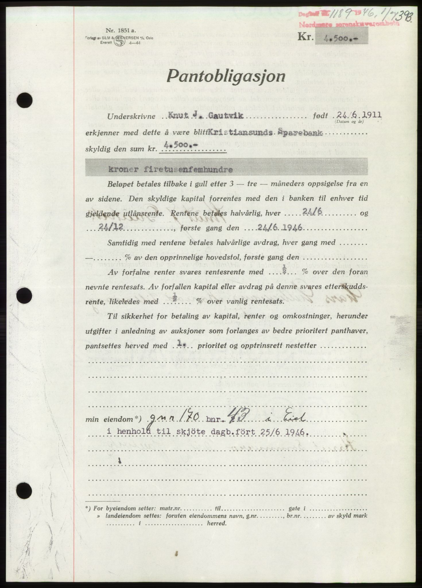 Nordmøre sorenskriveri, SAT/A-4132/1/2/2Ca: Pantebok nr. B94, 1946-1946, Dagboknr: 1189/1946