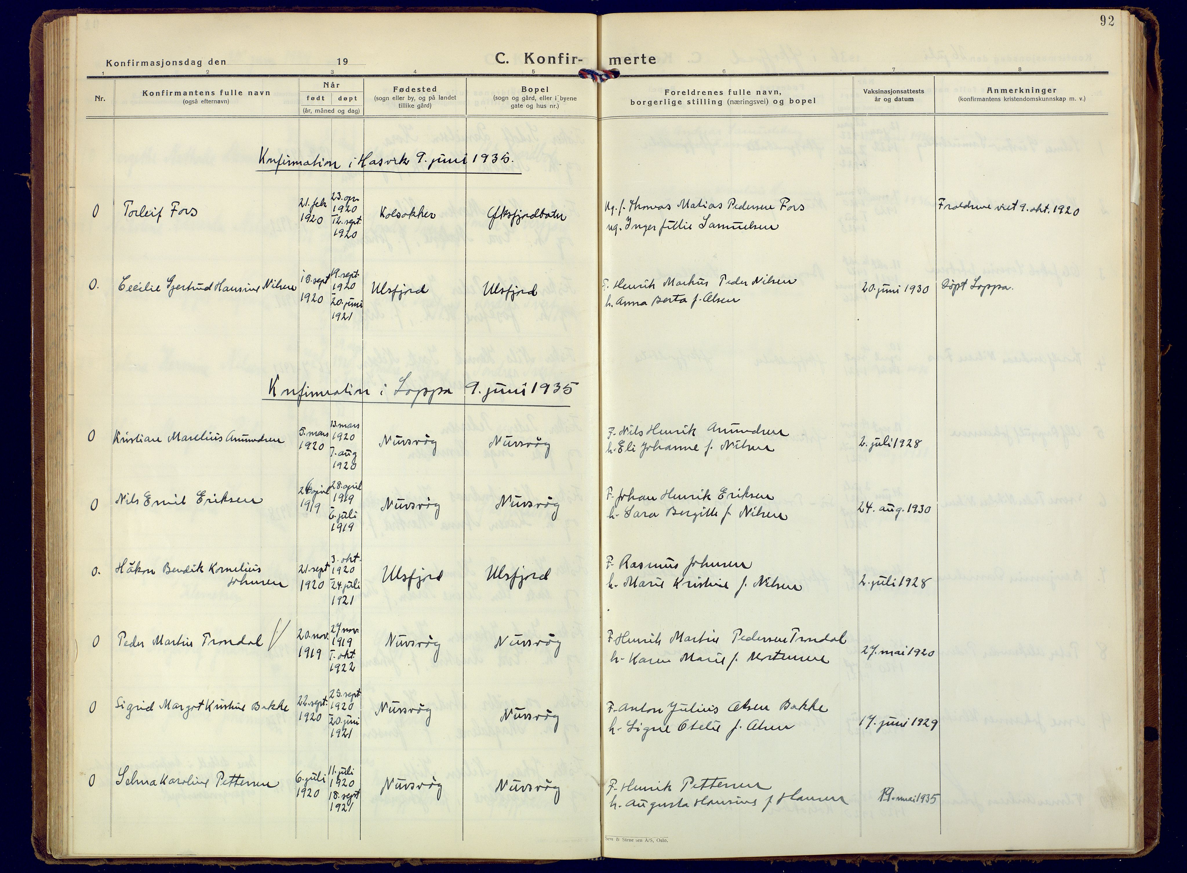 Loppa sokneprestkontor, SATØ/S-1339/H/Ha/L0015kirke: Ministerialbok nr. 15, 1933-1941, s. 92