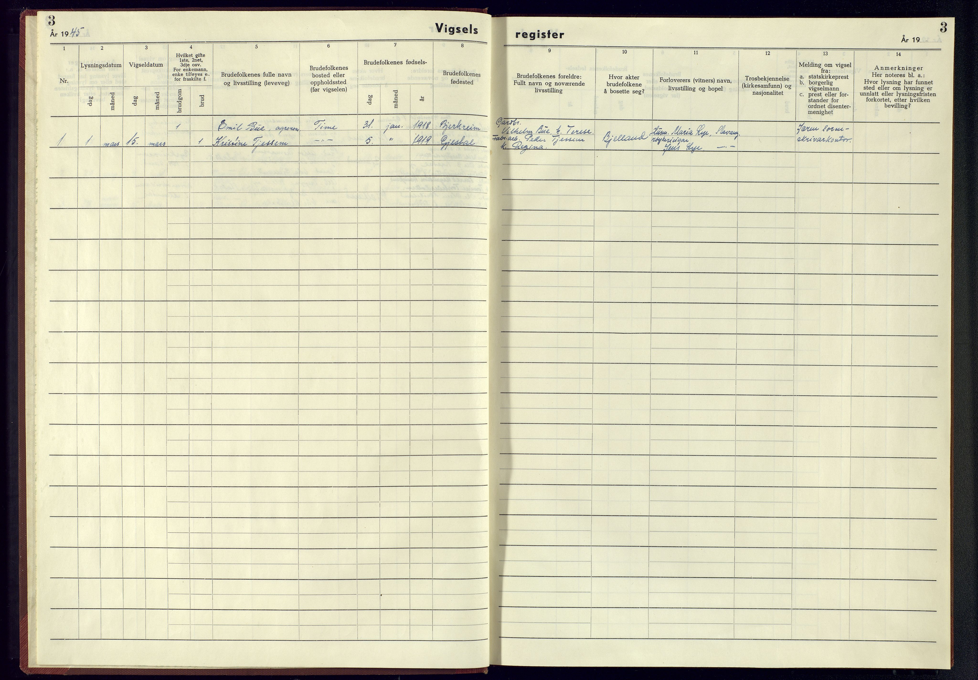 Bjelland sokneprestkontor, SAK/1111-0005/J/Jb/L0003: Vigselsregister nr. II.6.3, 1943-1945, s. 3
