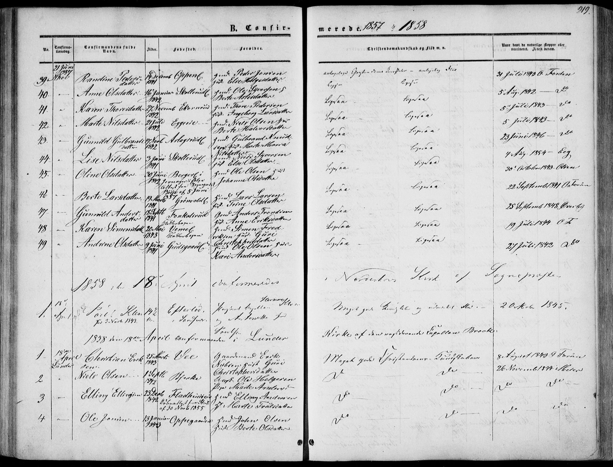 Norderhov kirkebøker, AV/SAKO-A-237/F/Fa/L0012: Ministerialbok nr. 12, 1856-1865, s. 219