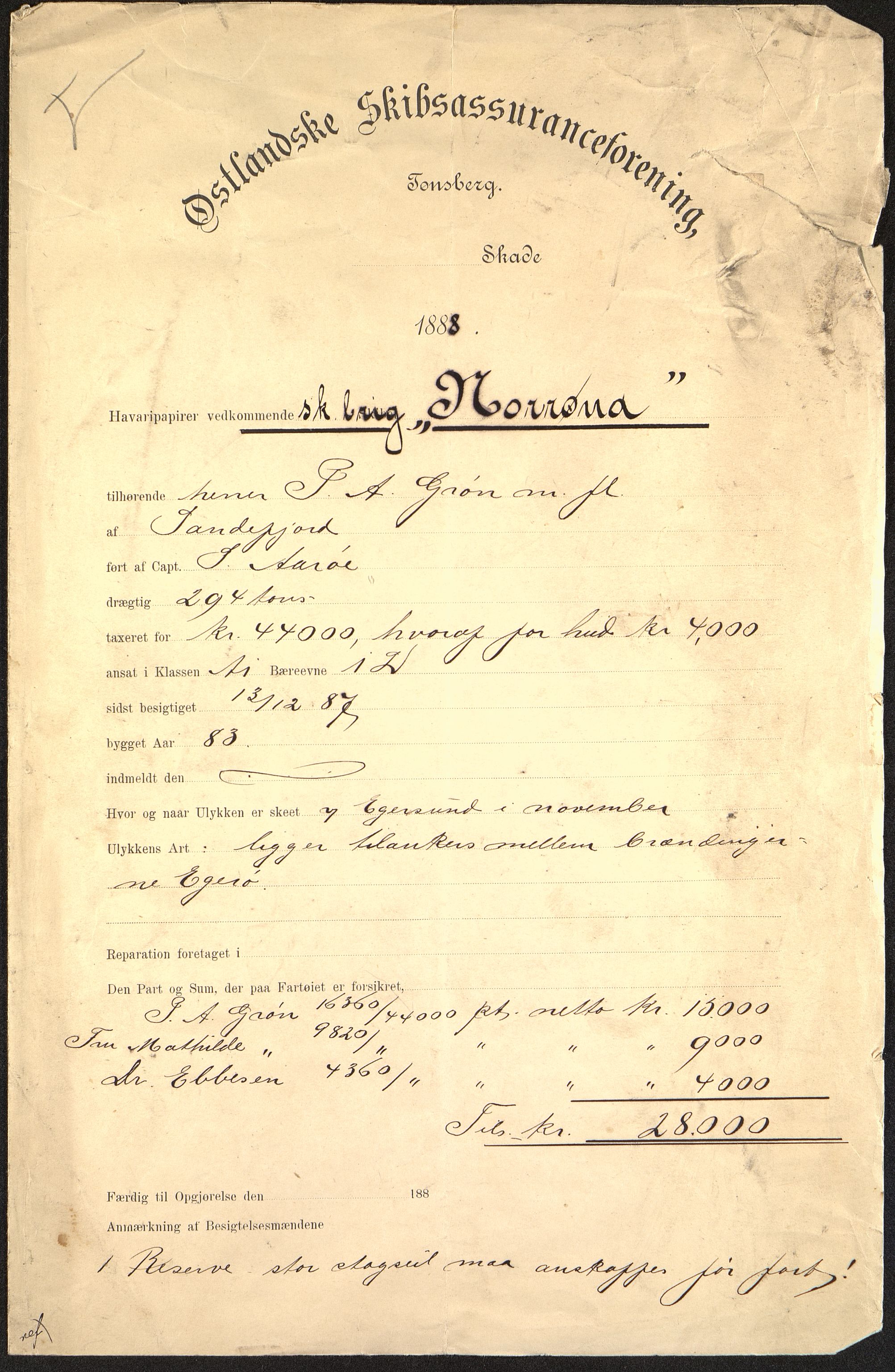 Pa 63 - Østlandske skibsassuranceforening, VEMU/A-1079/G/Ga/L0023/0001: Havaridokumenter / Carl Johan, Titania, Norrøna, Thor, Try, Louise, 1888, s. 13