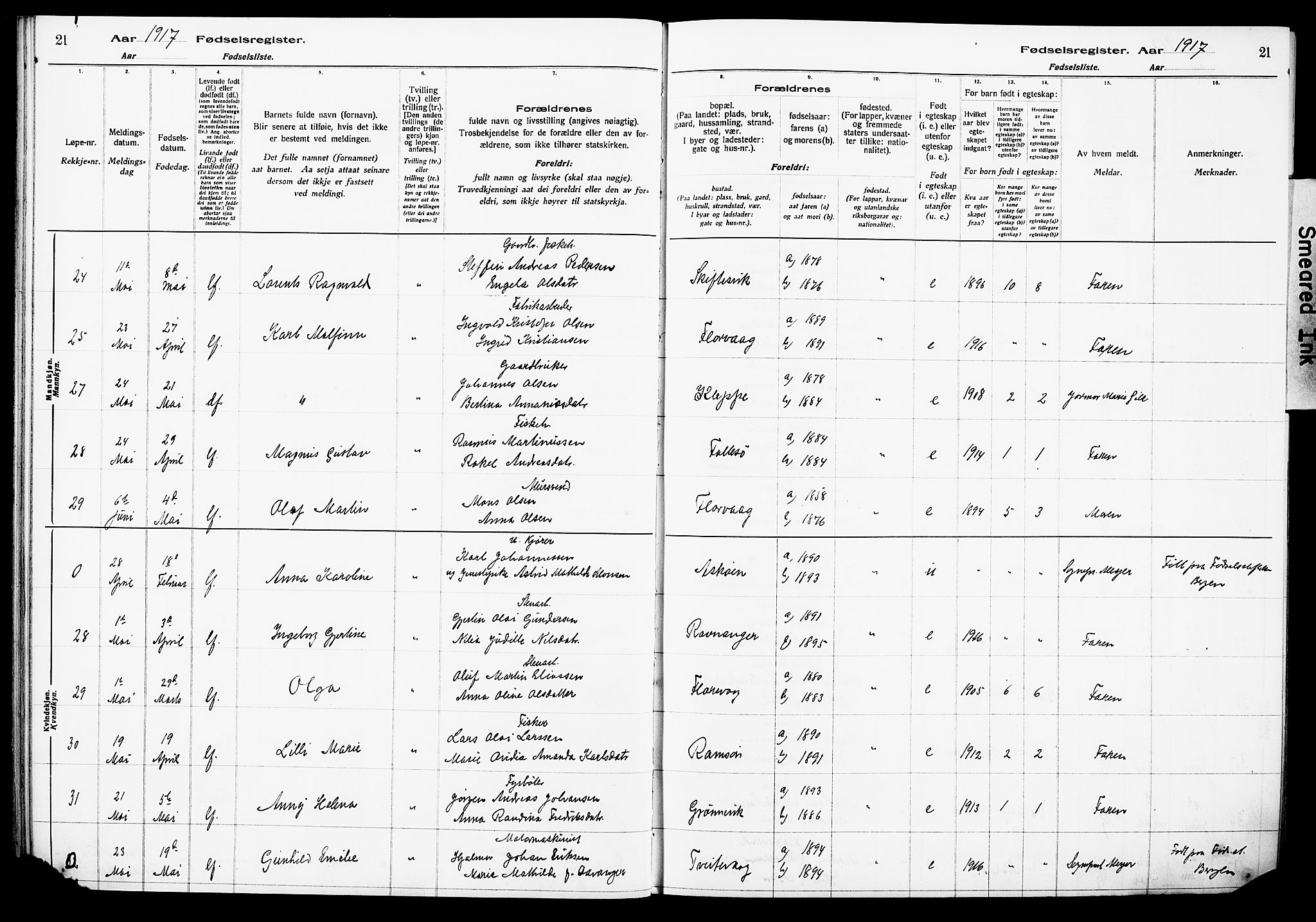 Askøy Sokneprestembete, SAB/A-74101/I/Id/L00A1: Fødselsregister nr. A 1, 1916-1928, s. 21