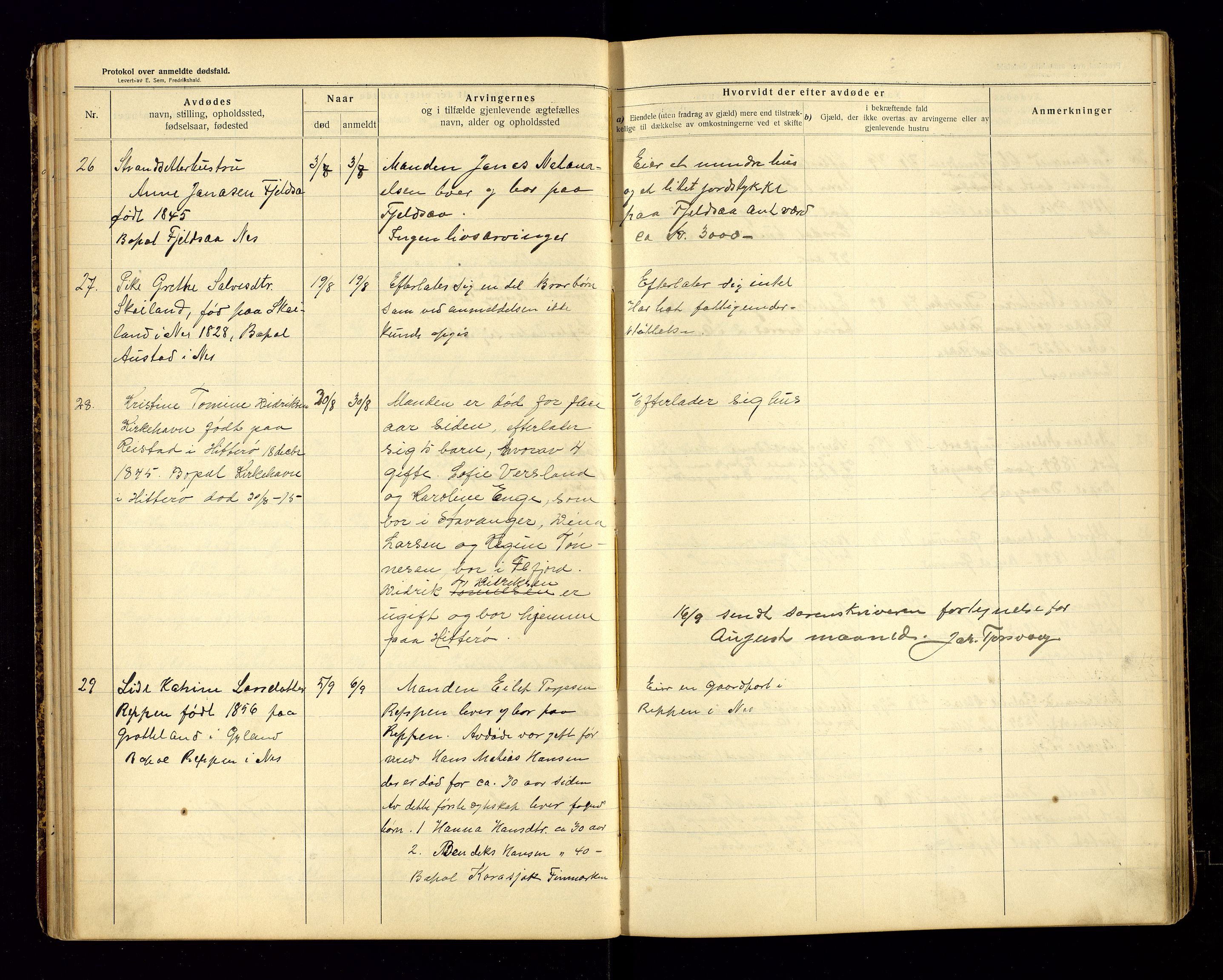 Nes og Hidra lensmannskontor, AV/SAK-1241-0035/F/Fe/L0001: Anmeldte dødsfall nr 51, 1911-1923
