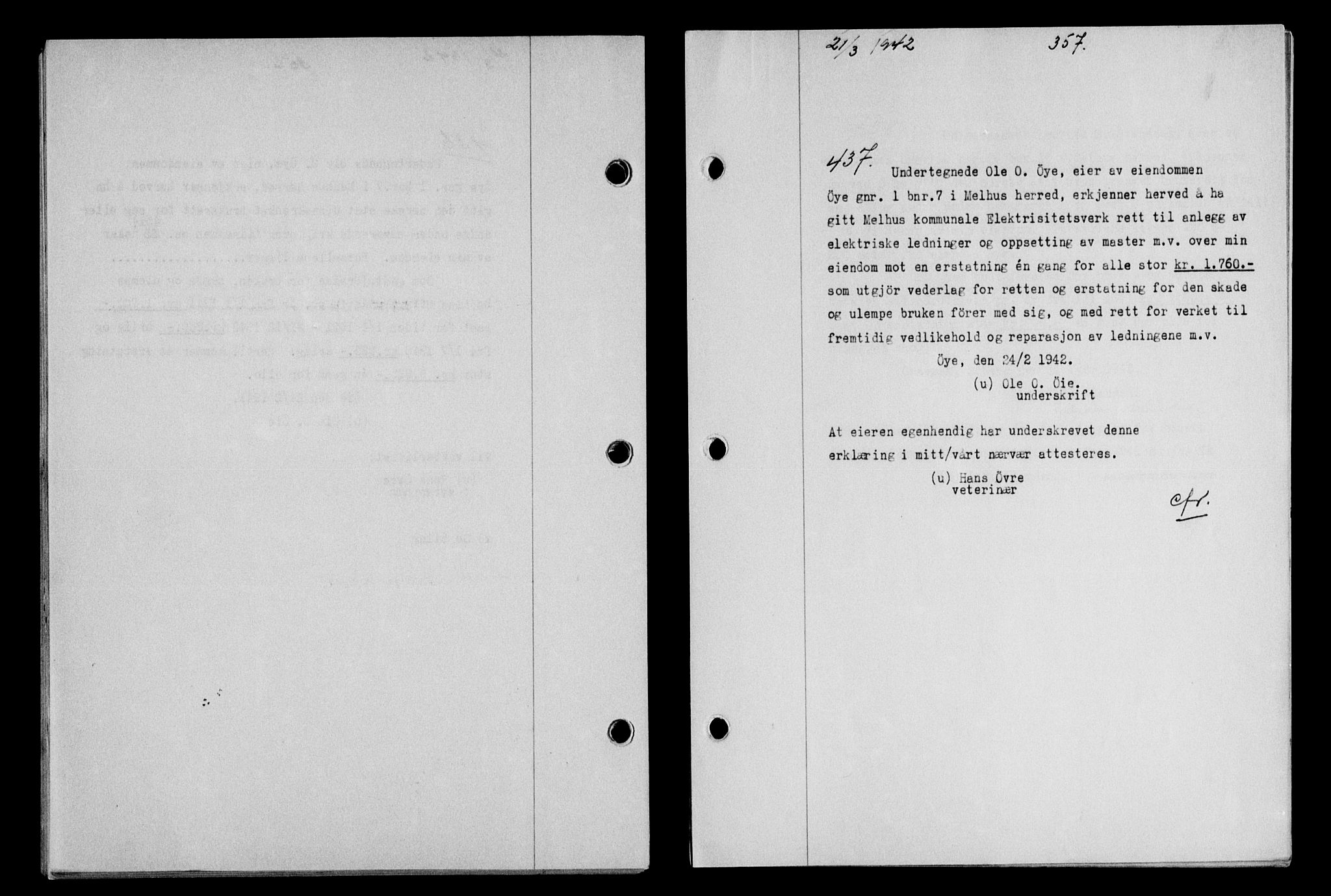 Gauldal sorenskriveri, SAT/A-0014/1/2/2C/L0054: Pantebok nr. 59, 1941-1942, Dagboknr: 437/1942