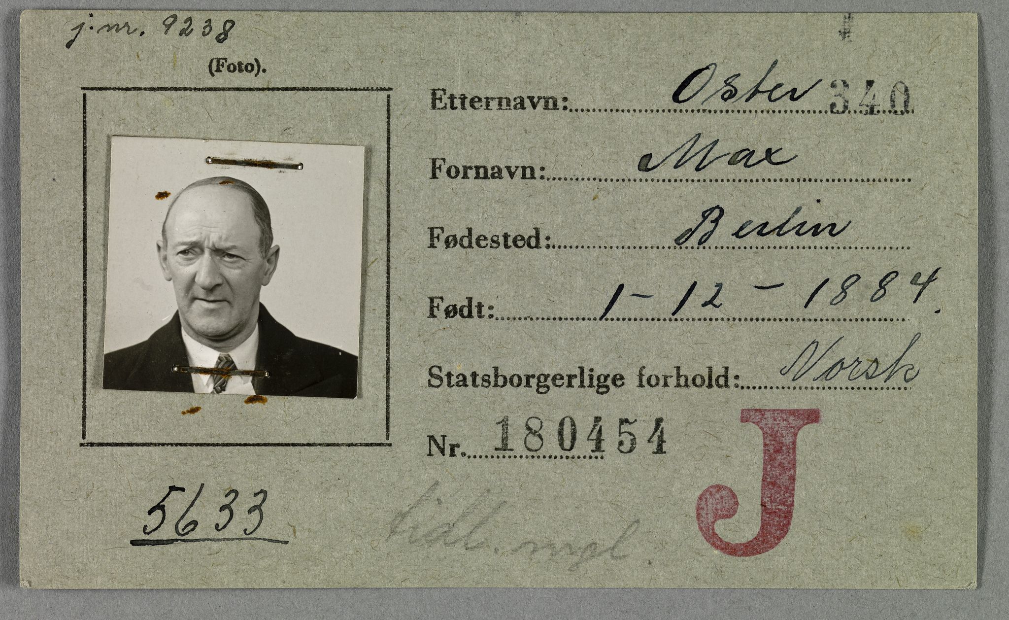 Sosialdepartementet, Våre Falne, AV/RA-S-1708/E/Ee/Eea/L0021A: Legitimasjonskort med fotografier for jøder, 1941-1942, s. 273