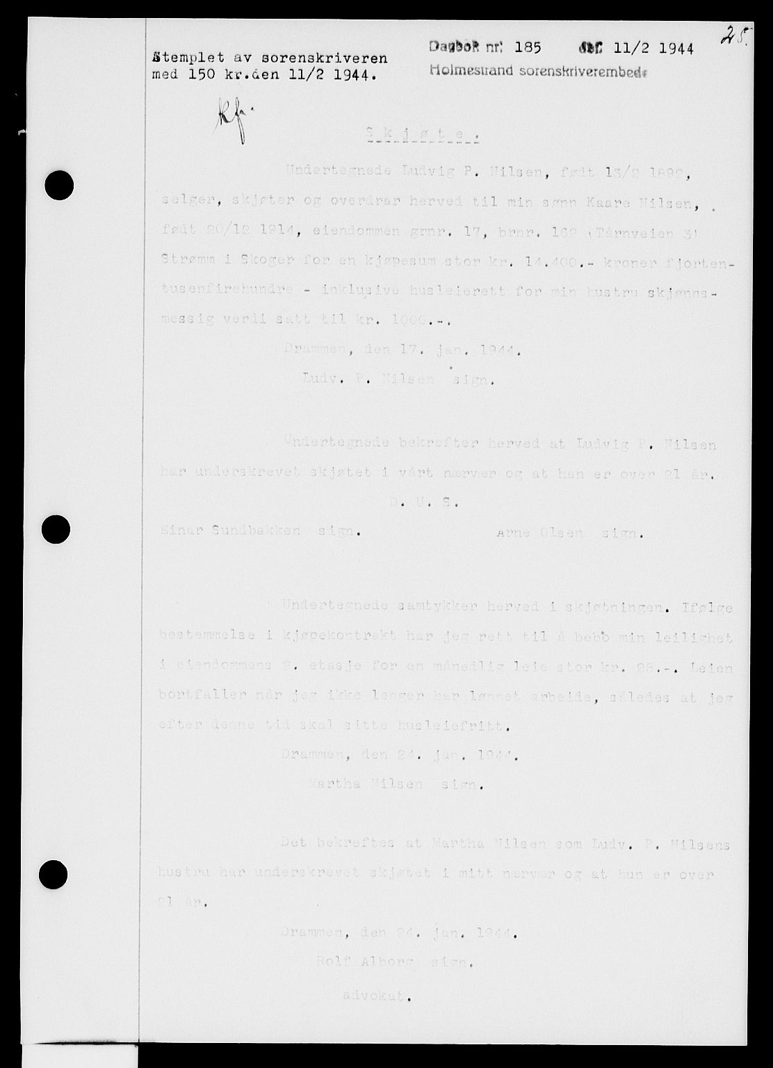 Holmestrand sorenskriveri, SAKO/A-67/G/Ga/Gaa/L0058: Pantebok nr. A-58, 1944-1944, Dagboknr: 185/1944