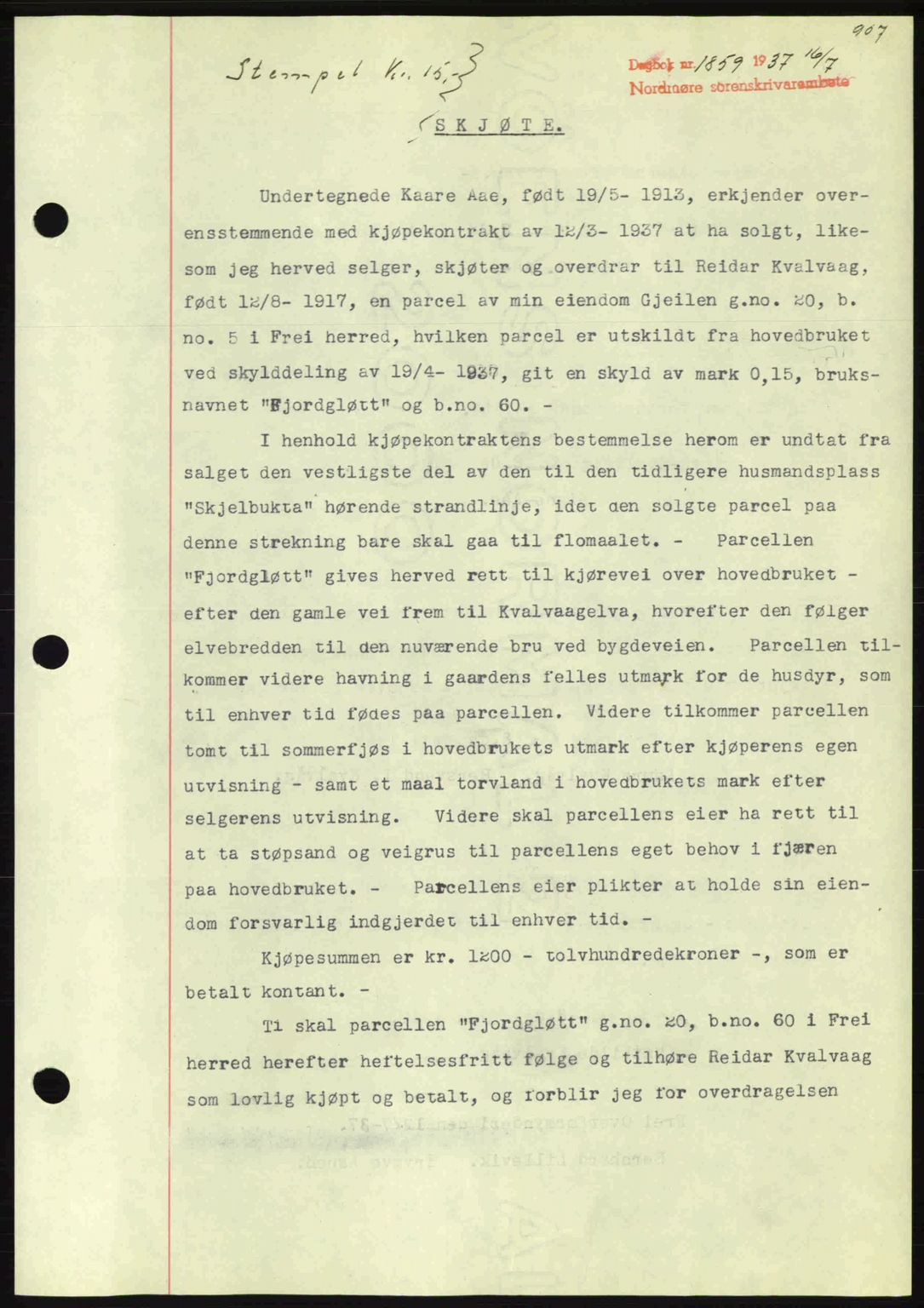 Nordmøre sorenskriveri, SAT/A-4132/1/2/2Ca: Pantebok nr. A81, 1937-1937, Dagboknr: 1859/1937
