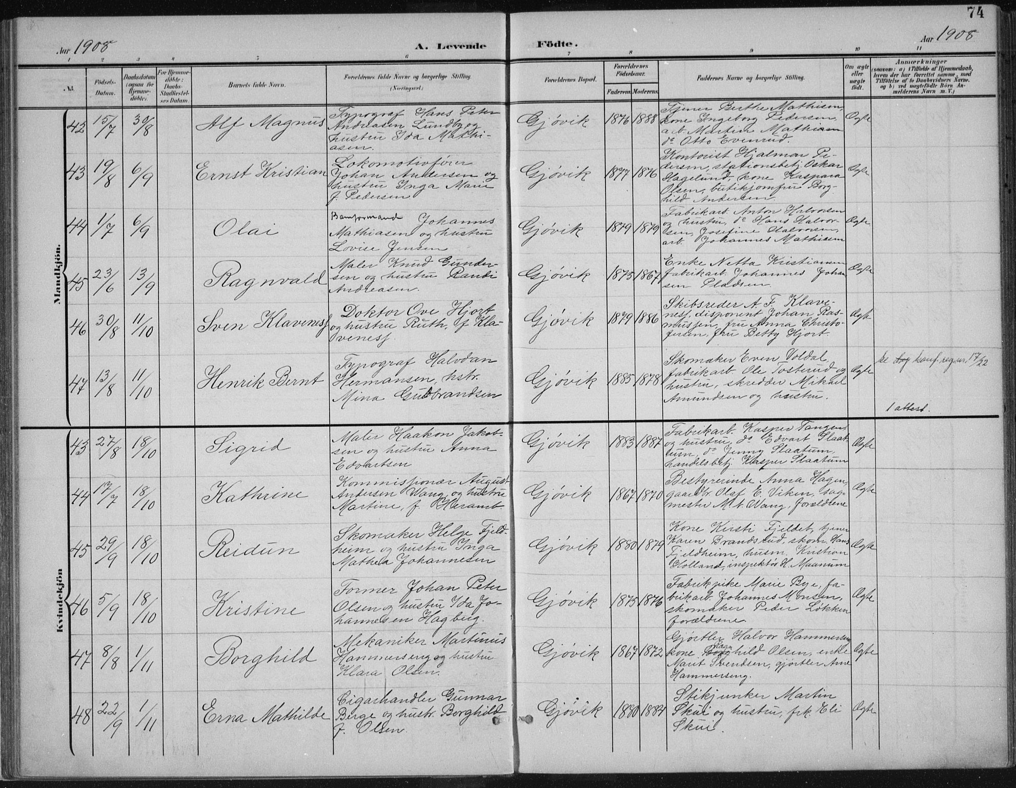 Vardal prestekontor, AV/SAH-PREST-100/H/Ha/Haa/L0013: Ministerialbok nr. 13, 1901-1911, s. 74