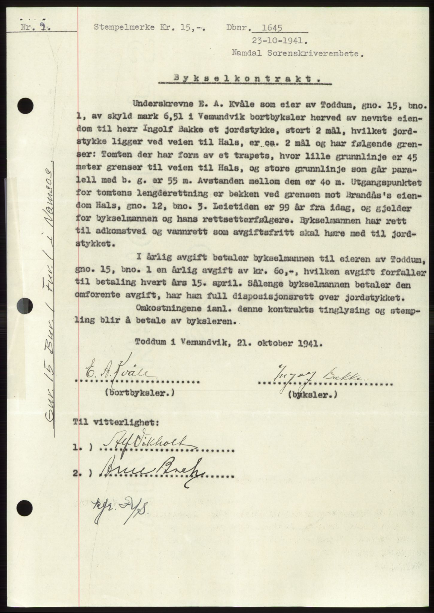 Namdal sorenskriveri, SAT/A-4133/1/2/2C: Pantebok nr. -, 1941-1942, Dagboknr: 1645/1941