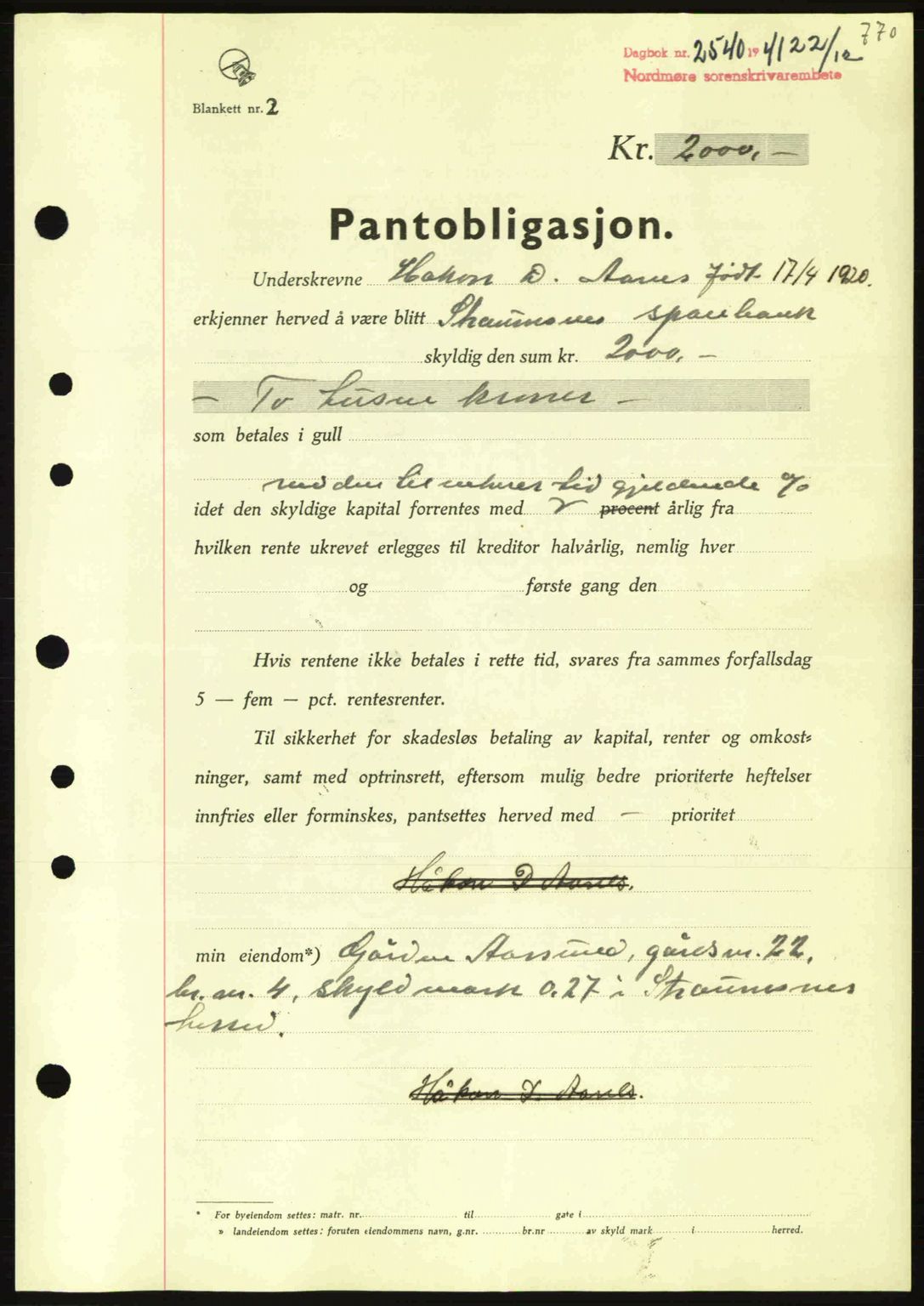 Nordmøre sorenskriveri, SAT/A-4132/1/2/2Ca: Pantebok nr. B88, 1941-1942, Dagboknr: 2540/1941