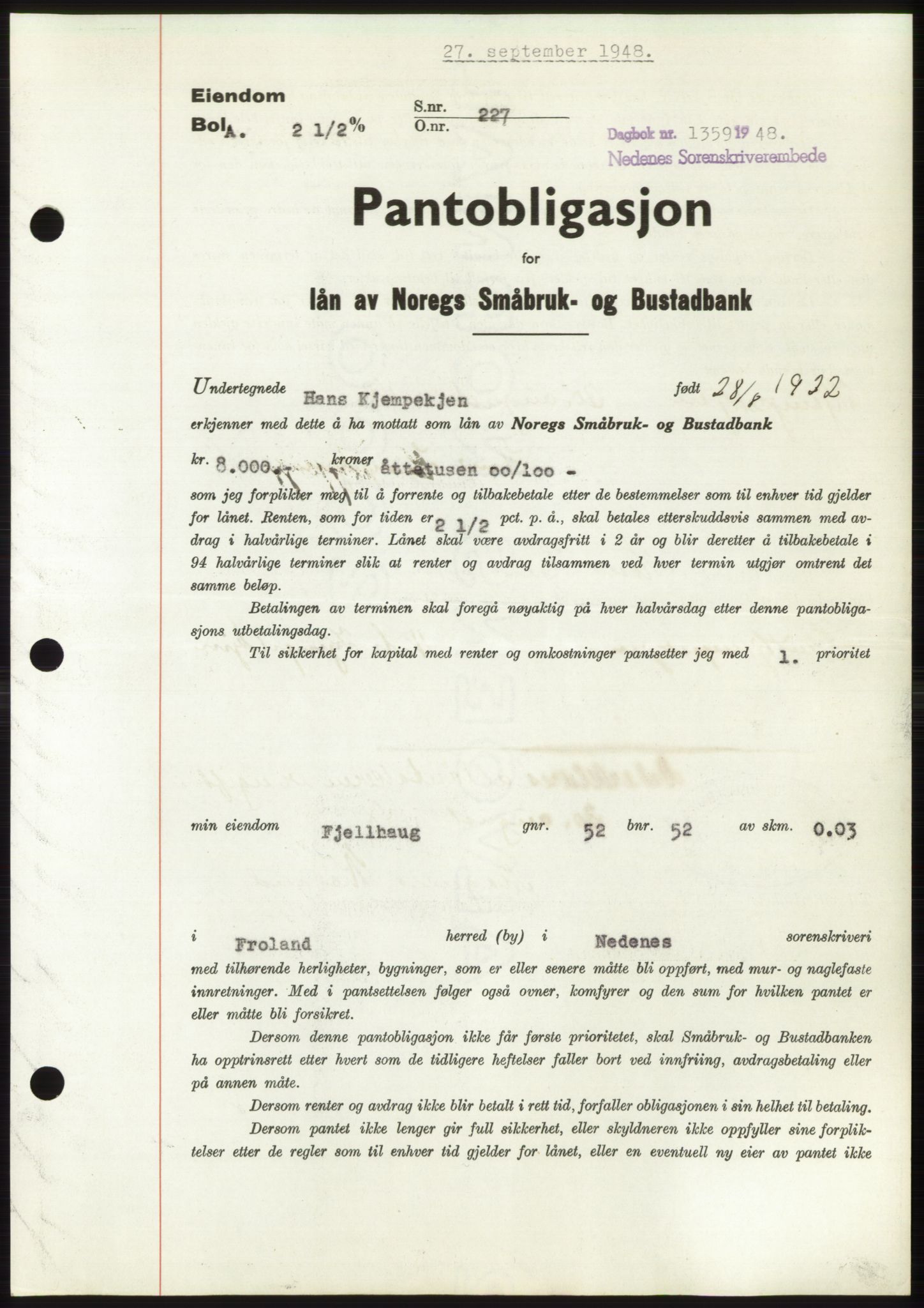 Nedenes sorenskriveri, AV/SAK-1221-0006/G/Gb/Gbb/L0005: Pantebok nr. B5, 1948-1948, Dagboknr: 1359/1948