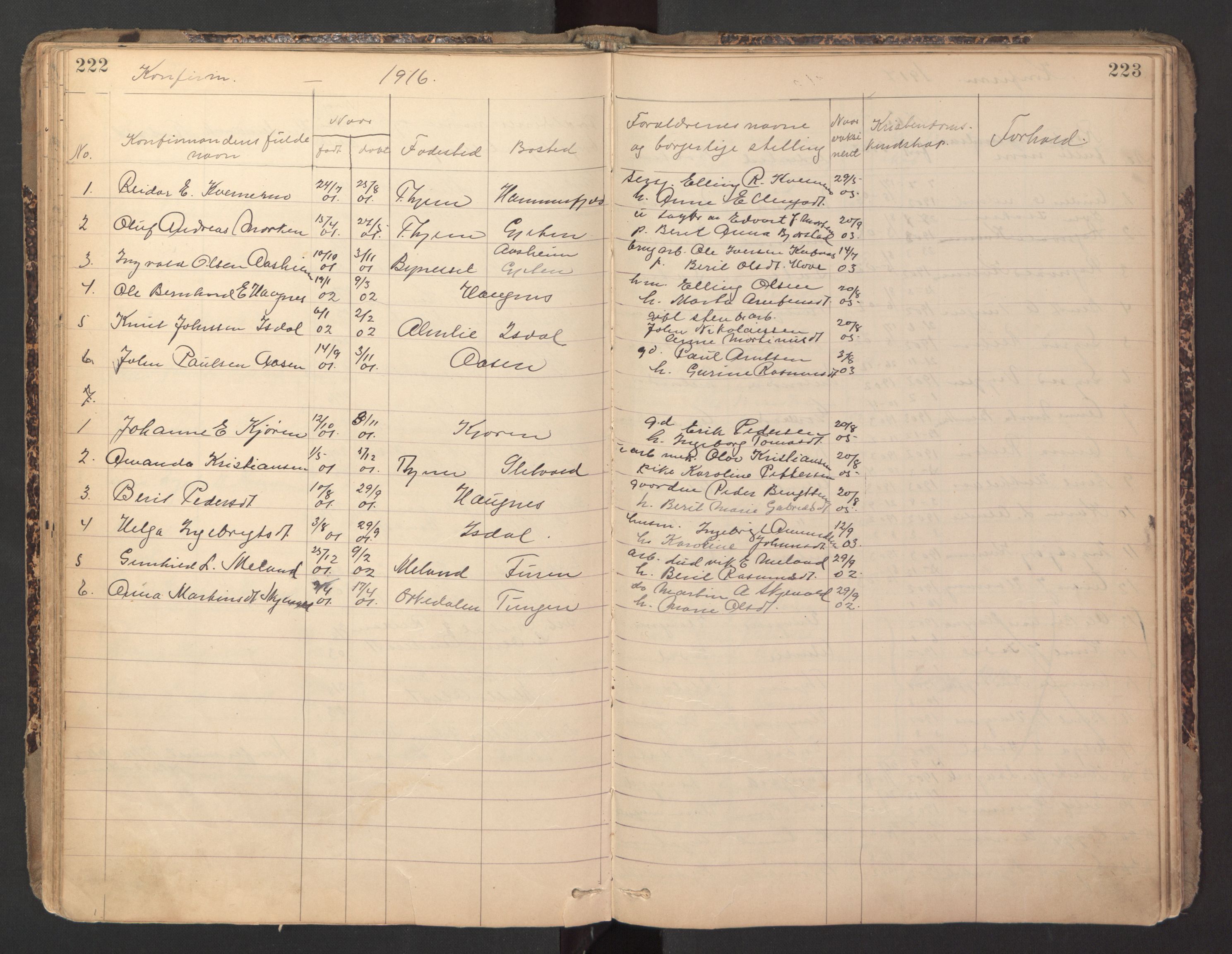 Ministerialprotokoller, klokkerbøker og fødselsregistre - Sør-Trøndelag, SAT/A-1456/670/L0837: Klokkerbok nr. 670C01, 1905-1946, s. 222-223