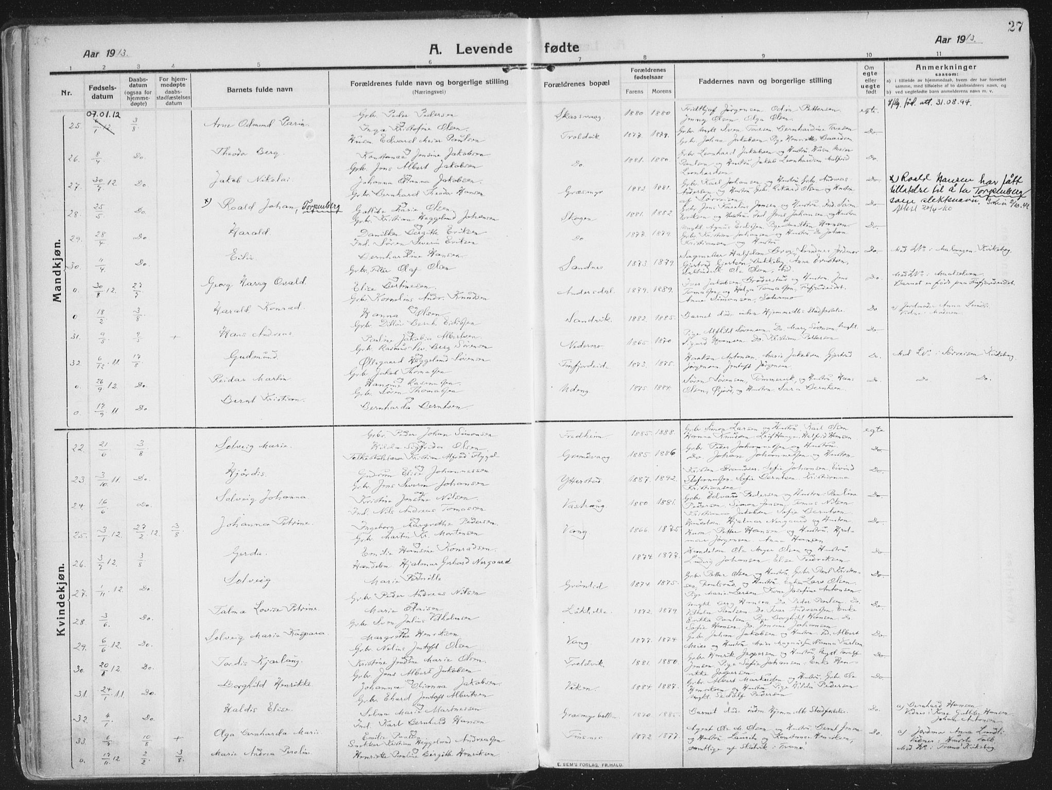 Lenvik sokneprestembete, SATØ/S-1310/H/Ha/Haa/L0016kirke: Ministerialbok nr. 16, 1910-1924, s. 27