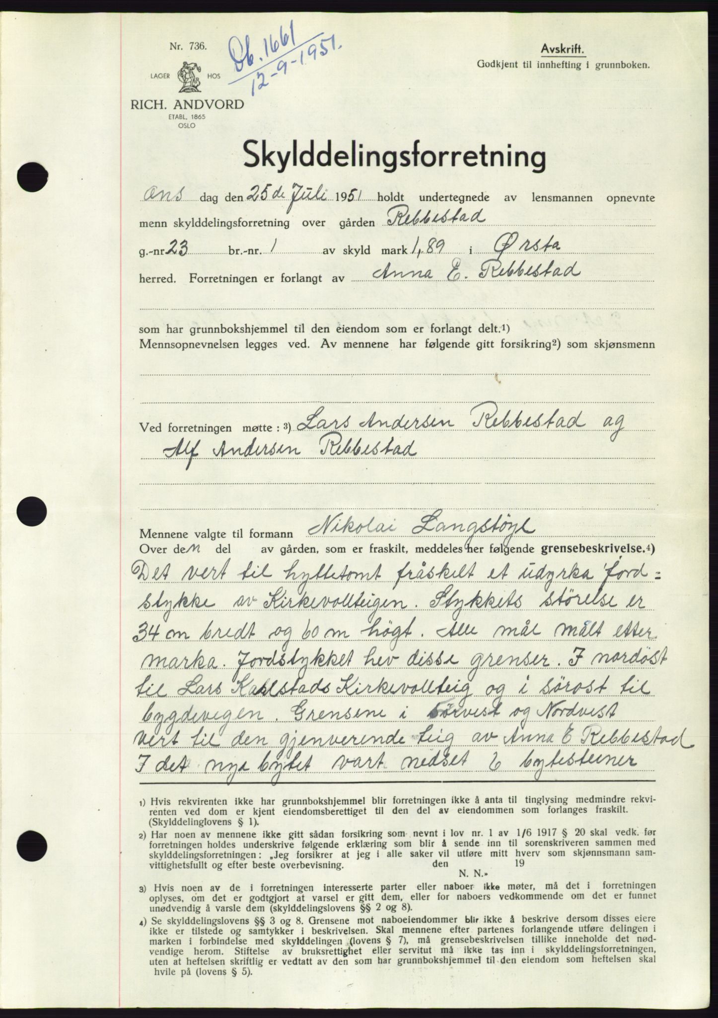 Søre Sunnmøre sorenskriveri, SAT/A-4122/1/2/2C/L0089: Pantebok nr. 15A, 1951-1951, Dagboknr: 1661/1951
