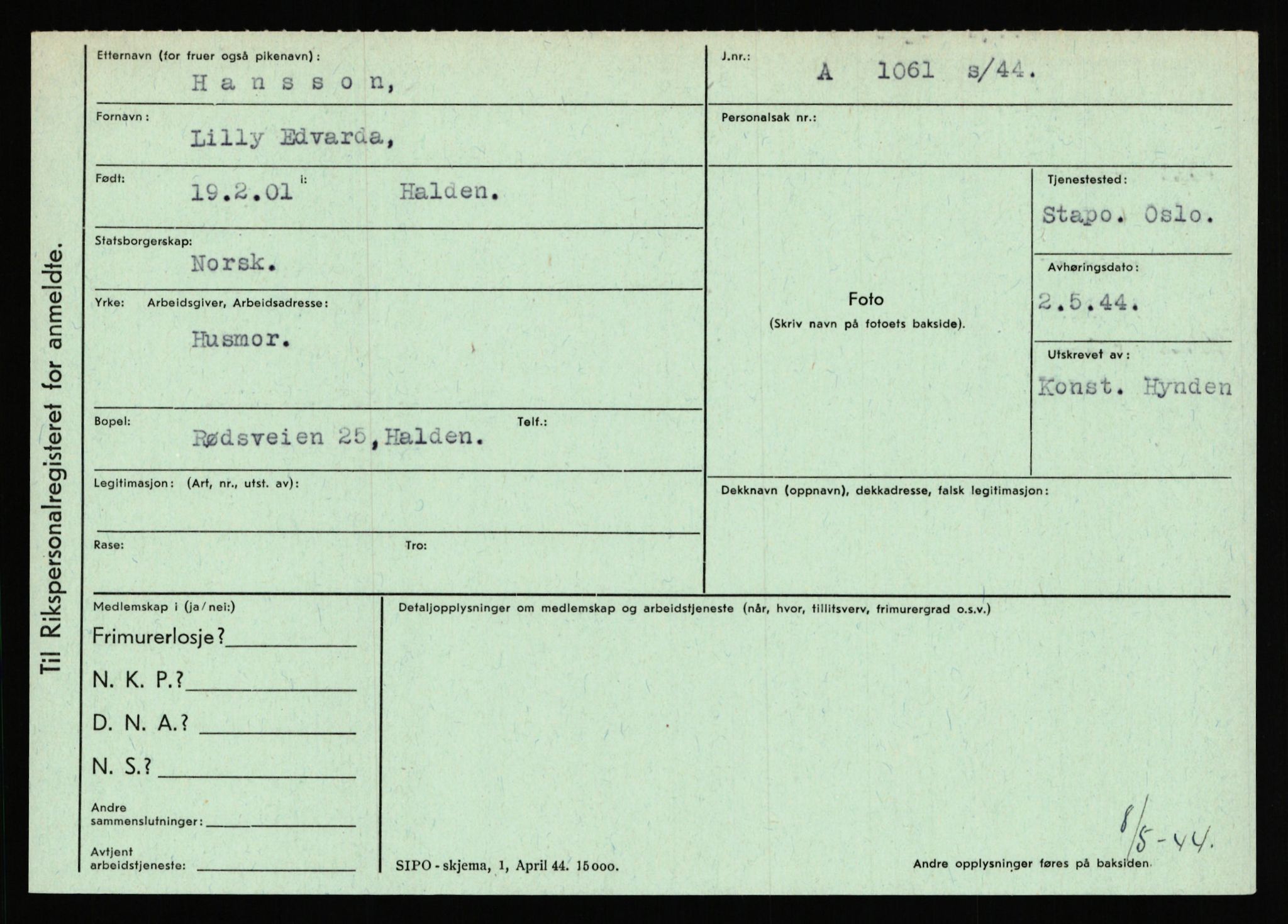 Statspolitiet - Hovedkontoret / Osloavdelingen, AV/RA-S-1329/C/Ca/L0006: Hanche - Hokstvedt, 1943-1945, s. 1726