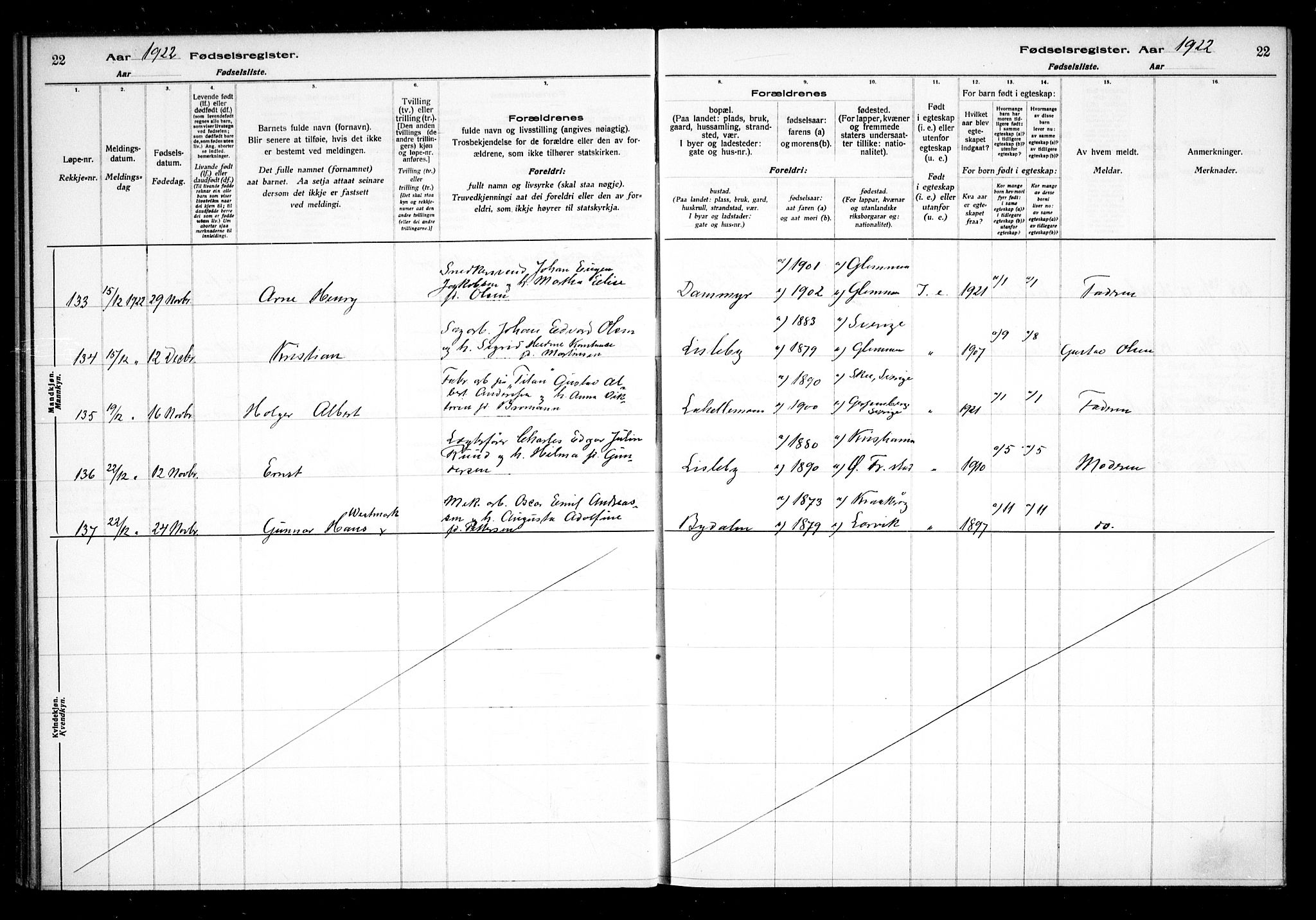 Glemmen prestekontor Kirkebøker, AV/SAO-A-10908/J/Ja/L0002: Fødselsregister nr. I 2, 1922-1929, s. 22