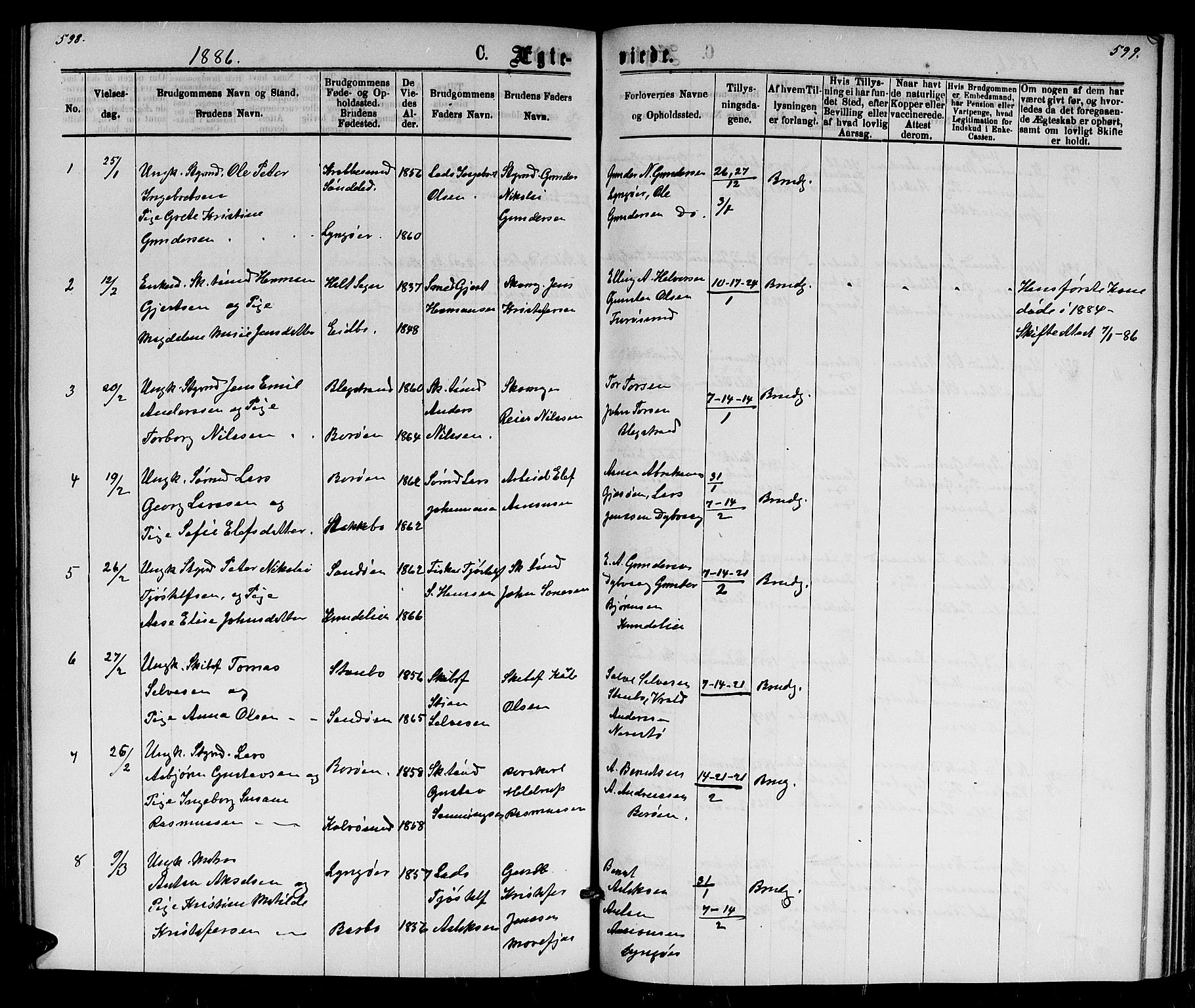 Dypvåg sokneprestkontor, AV/SAK-1111-0007/F/Fb/Fba/L0012: Klokkerbok nr. B 12, 1872-1886, s. 598-599