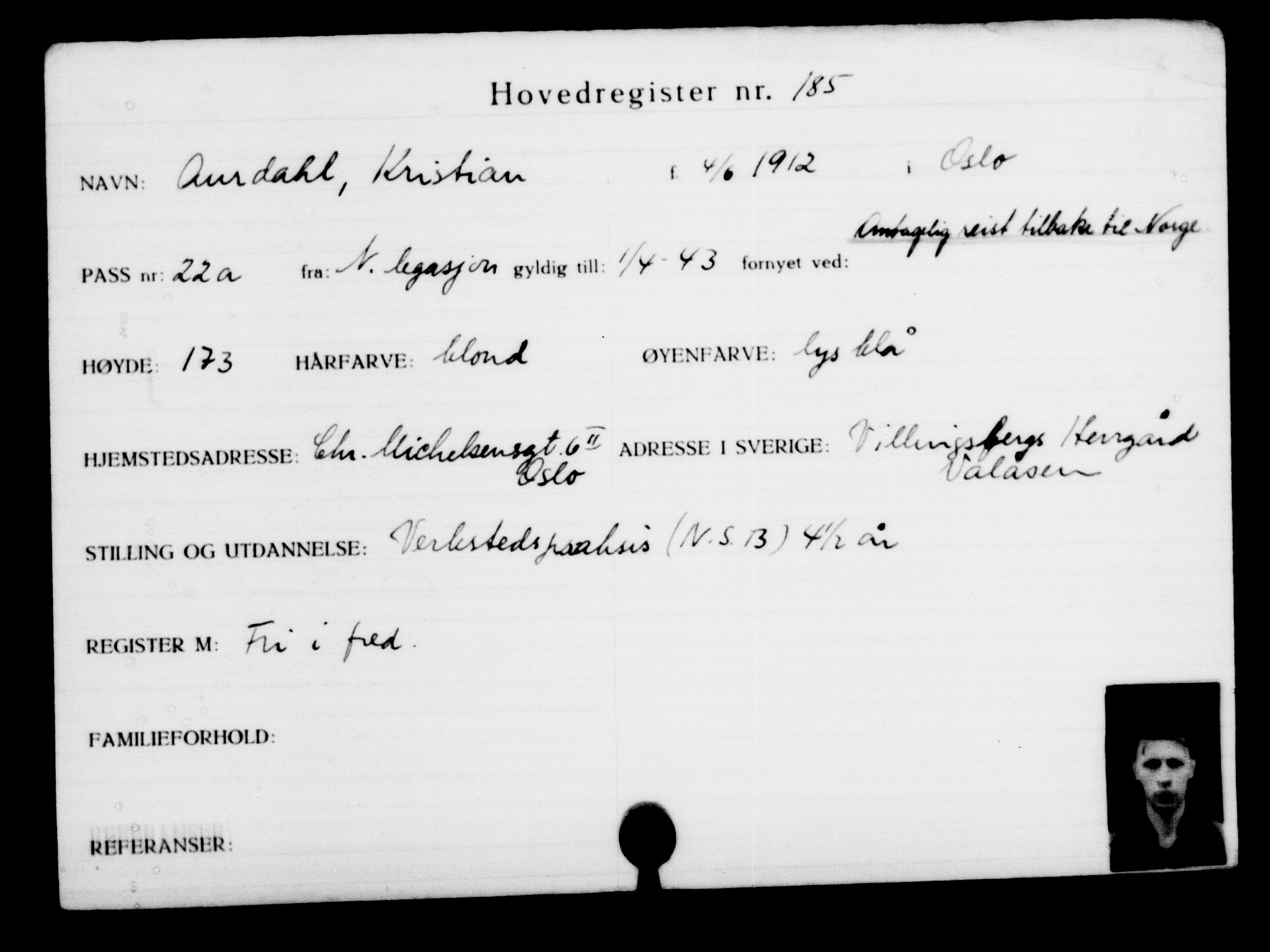 Utenriksstasjonene, Legasjonen i Stockholm, Flyktningkontoret, AV/RA-S-6753/V/Va/L0001: Kjesäterkartoteket, flyktninger med registreringsnr. 1-1000, 1940-1945, s. 297