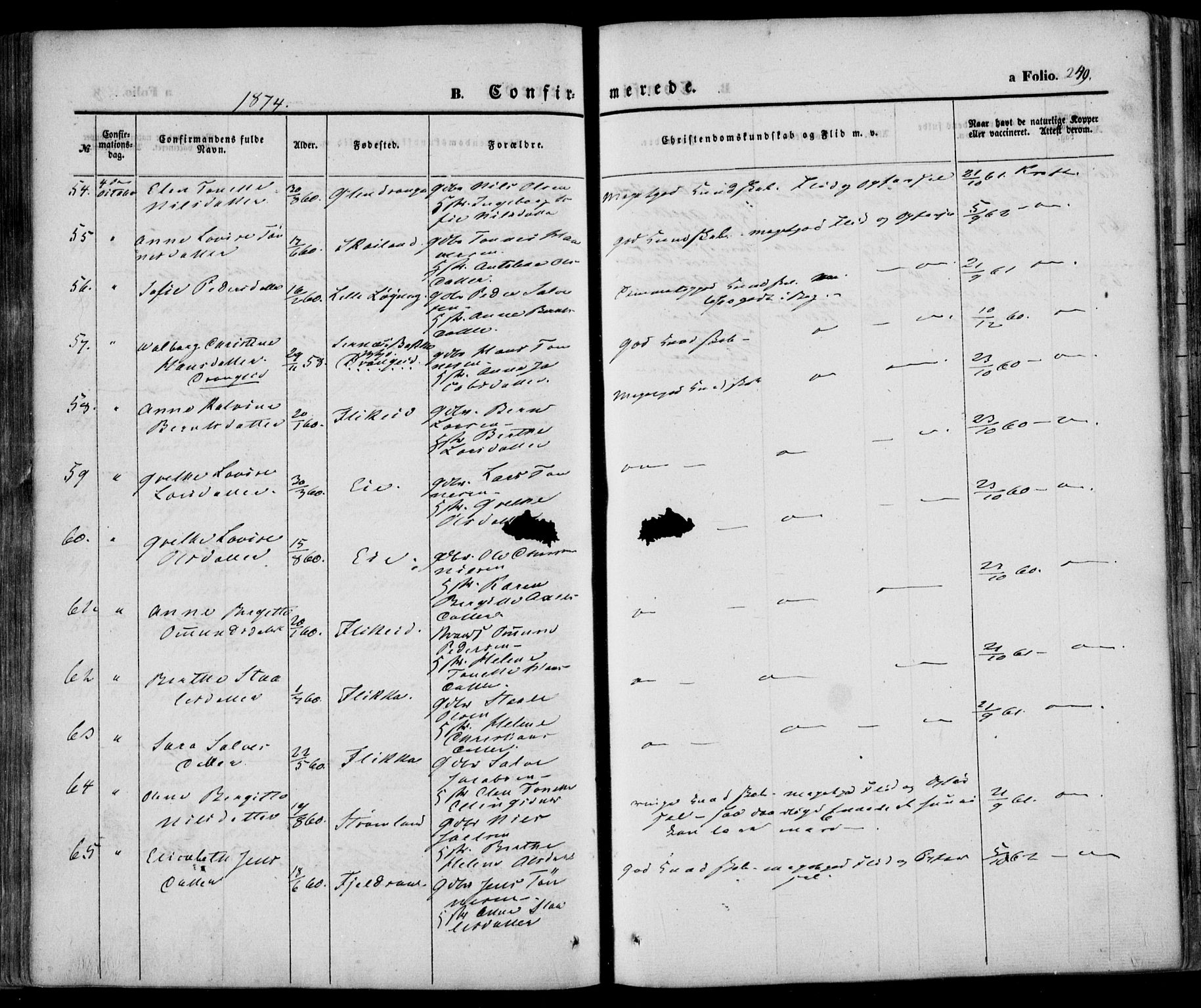 Flekkefjord sokneprestkontor, AV/SAK-1111-0012/F/Fa/Fac/L0005: Ministerialbok nr. A 5, 1849-1875, s. 249