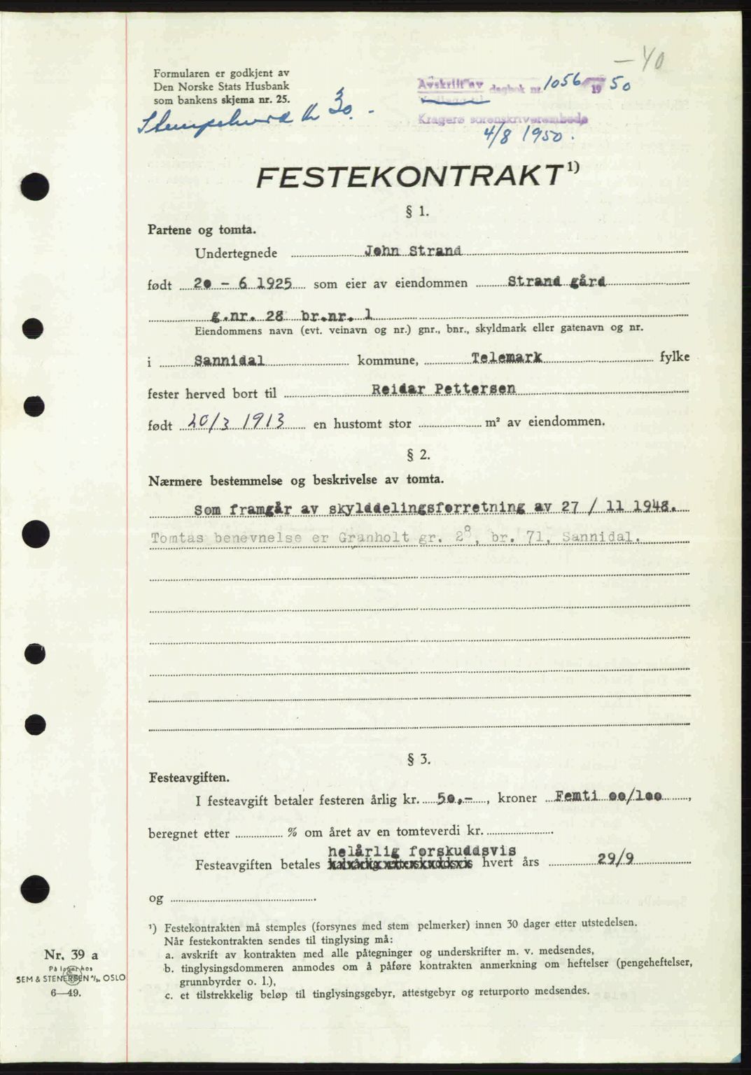 Kragerø sorenskriveri, SAKO/A-65/G/Ga/Gac/L0003: Pantebok nr. A-3, 1949-1950, Dagboknr: 1056/1950